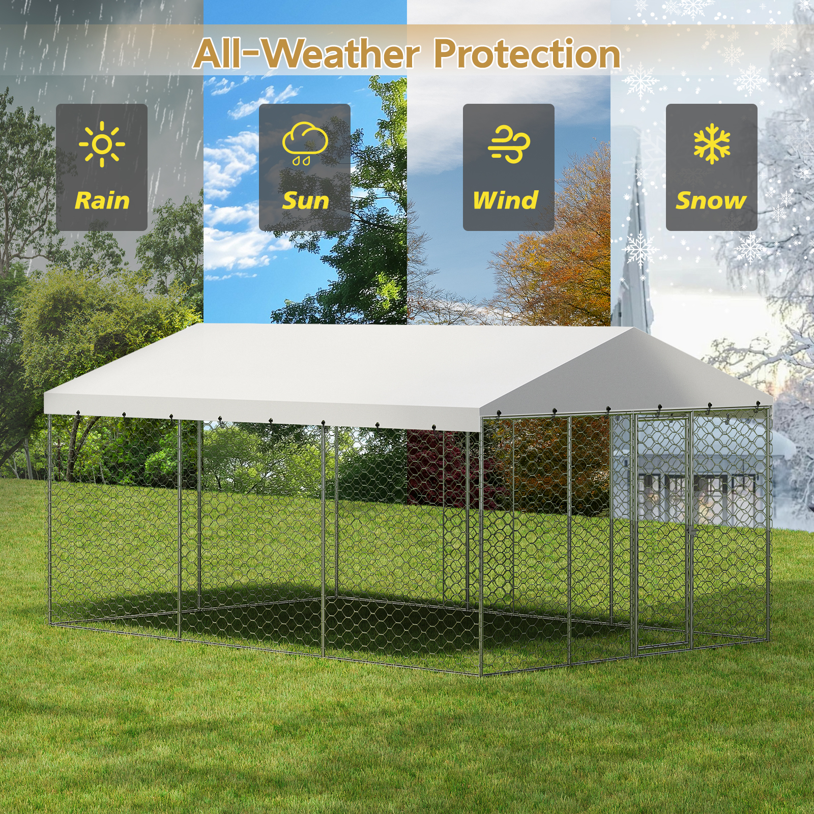 Casa de Perro Exterior Grande con Techo, Estructura de Acero Galvanizado Resistente, Cubierta Impermeable, Protección para Todo Clima, Jaula Segura para Perros Grandes, Multiple Animales — imagen 5