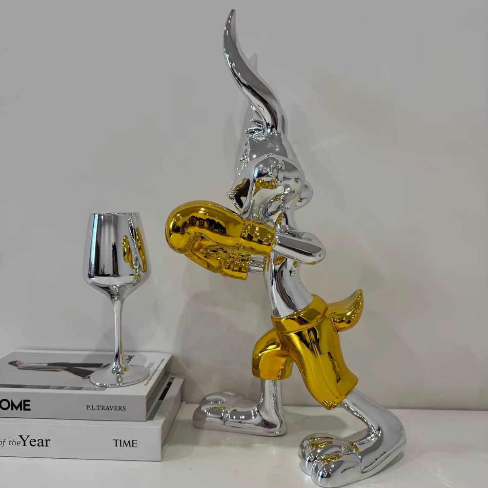 Modern Chrome Bunny Figurine with Boxing Gloves Pop Art Inspired Decorative Rabbit Boxer Statues for Interior Display — image 6
