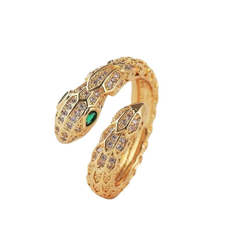 Anillo geométrico personalizado en forma de serpiente para mujeres con micrograbado de cobre puro y zircón abierto — imagen 1
