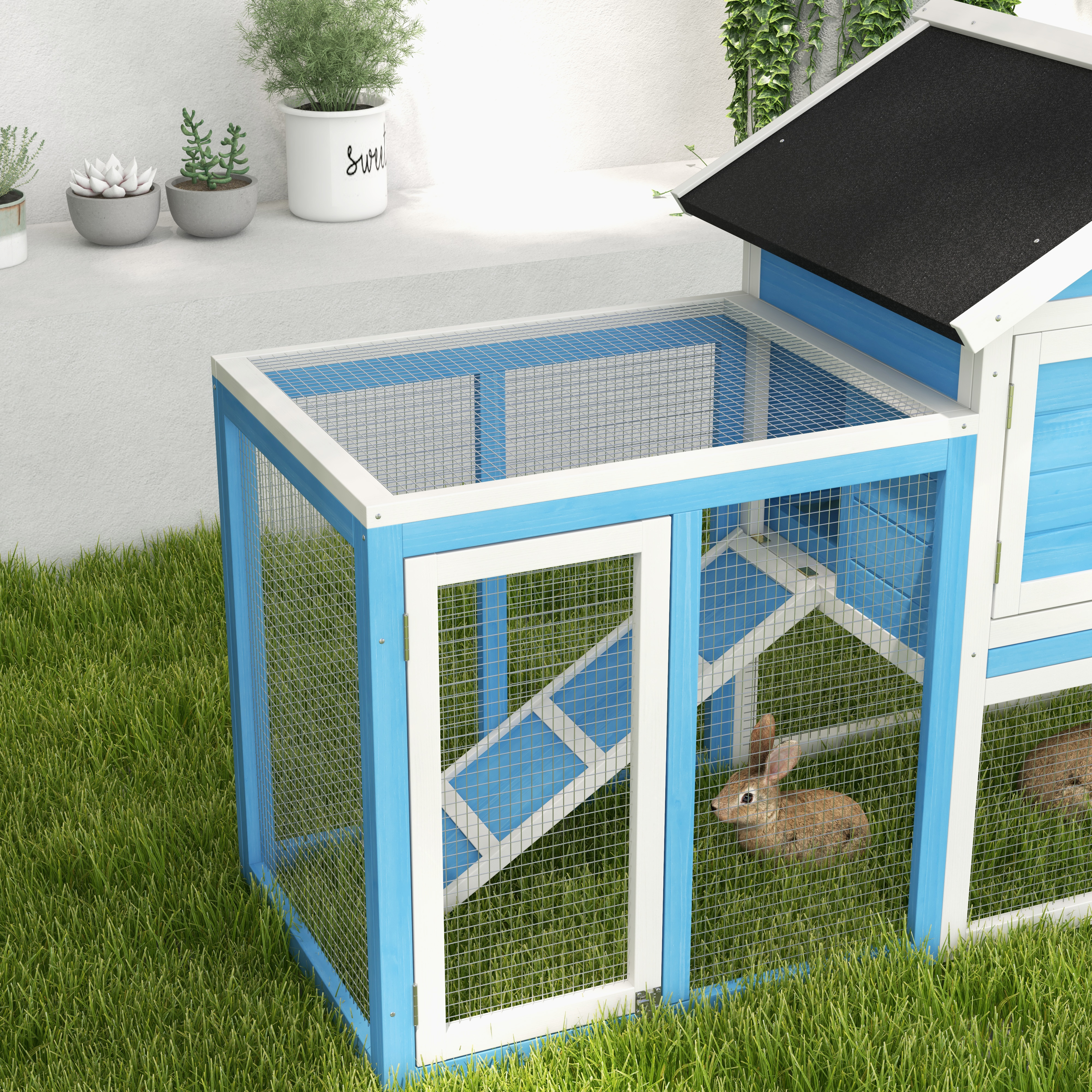 Conejera de Madera de 48" con Techo de Asfalto Impermeable, Corral Exterior Divertido, Bandeja Removible y Rampa, para Conejos, Gallinas y Patos, Azul Claro — imagen 7