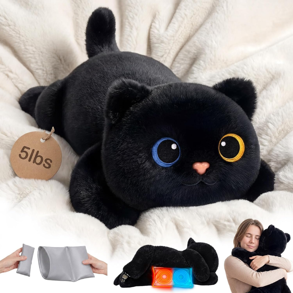 Weighted Black Cat Plush Stuffed Animal, Heatable & Coolable Weighted Plush Toy, Soft Comfort Cat Pillow For Relaxation, 2-5 Lbs — image 1