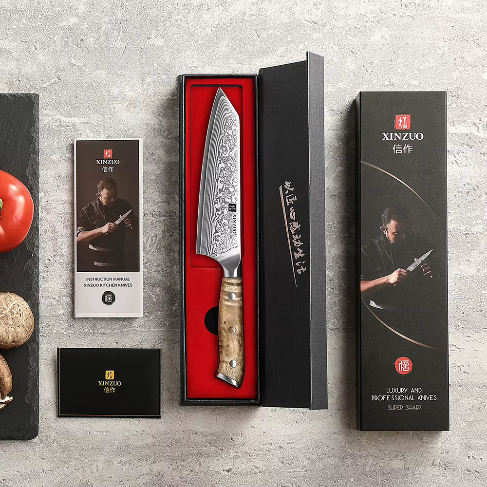 XINZUO Damascus Steel Bunka Chef Knife 5.8-inch 67-Layer Super Steel Figured Sycamore Wood Handle Exquisite Brass Rivet Gift Box — image 3