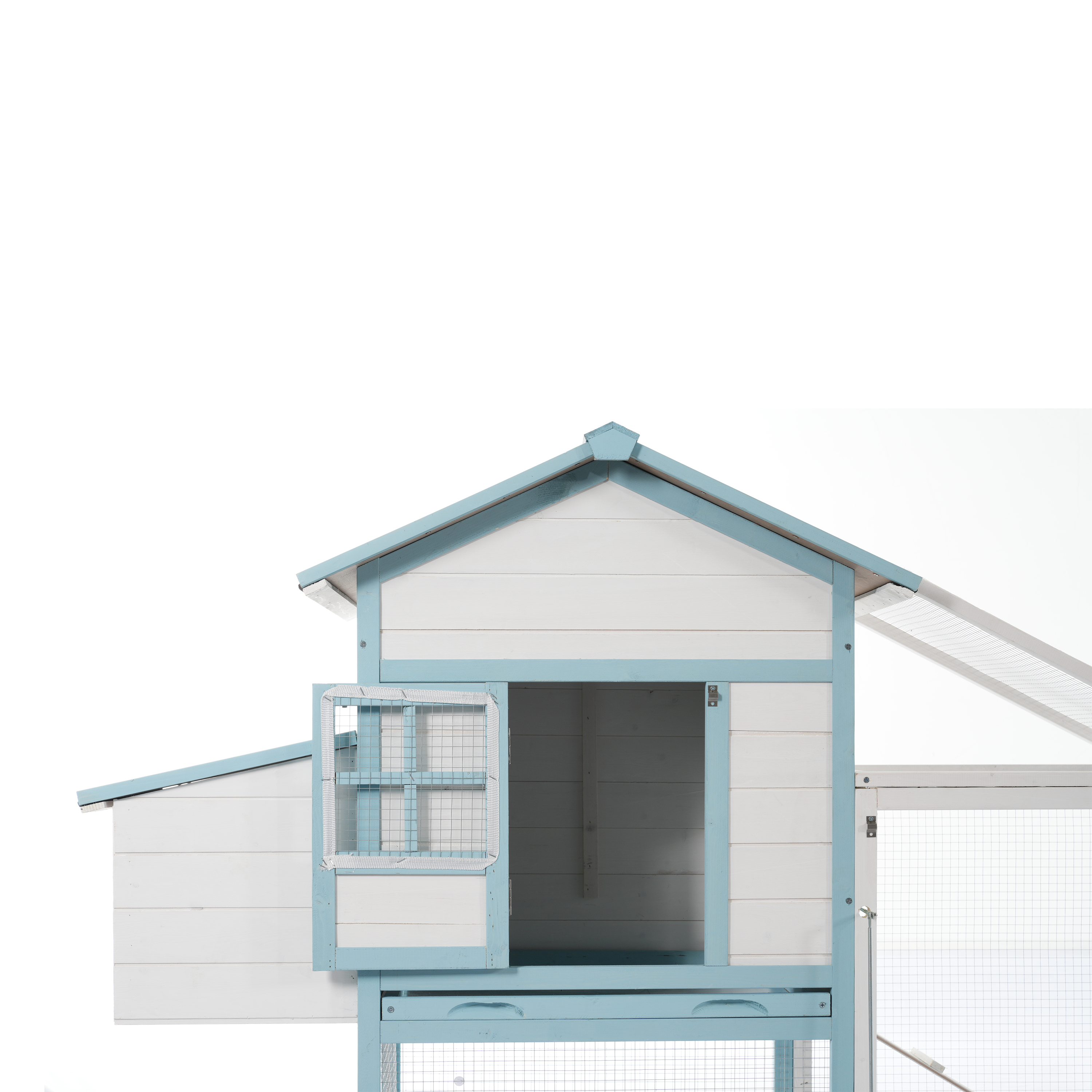 Casa de Gallinas Grande en Madera con Dos Cajas de Incubación, Corral Exterior con Techo Impermeable de Asfalto y Acceso Peatonal, Jaula de Pollos de Madera de Abeto con Platos de Desperdicios Retraillables, Azul y Blanco para Gallineros de Patio — imagen 17