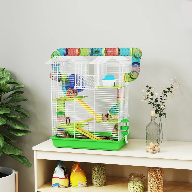 PawHut 5 Tier Hamster Cage With Tubes And Tunnels, Small Animal Cage, Rat Gerbil Cage With Water Bottle, Food Dish, Exercise Wheel, Green — imagen 2