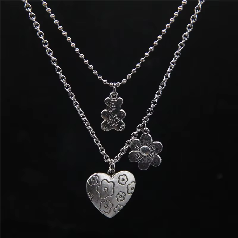 Punk Rock Flower Bear Heart Pendant Necklace Hip Hop Stainless Steel Jewelry Cool for Women Girl GiftsParty Nightclub Gifts — image 1
