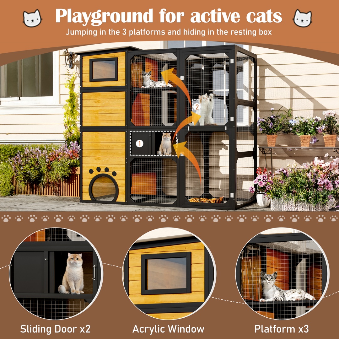 GO Large Cat Catio 4 Tiers Cat Enclosure For Outdoor, Cat House Weatherproof Attached To Window For Multiple Cats With Platforms And Resting Rooms, Brown — image 9