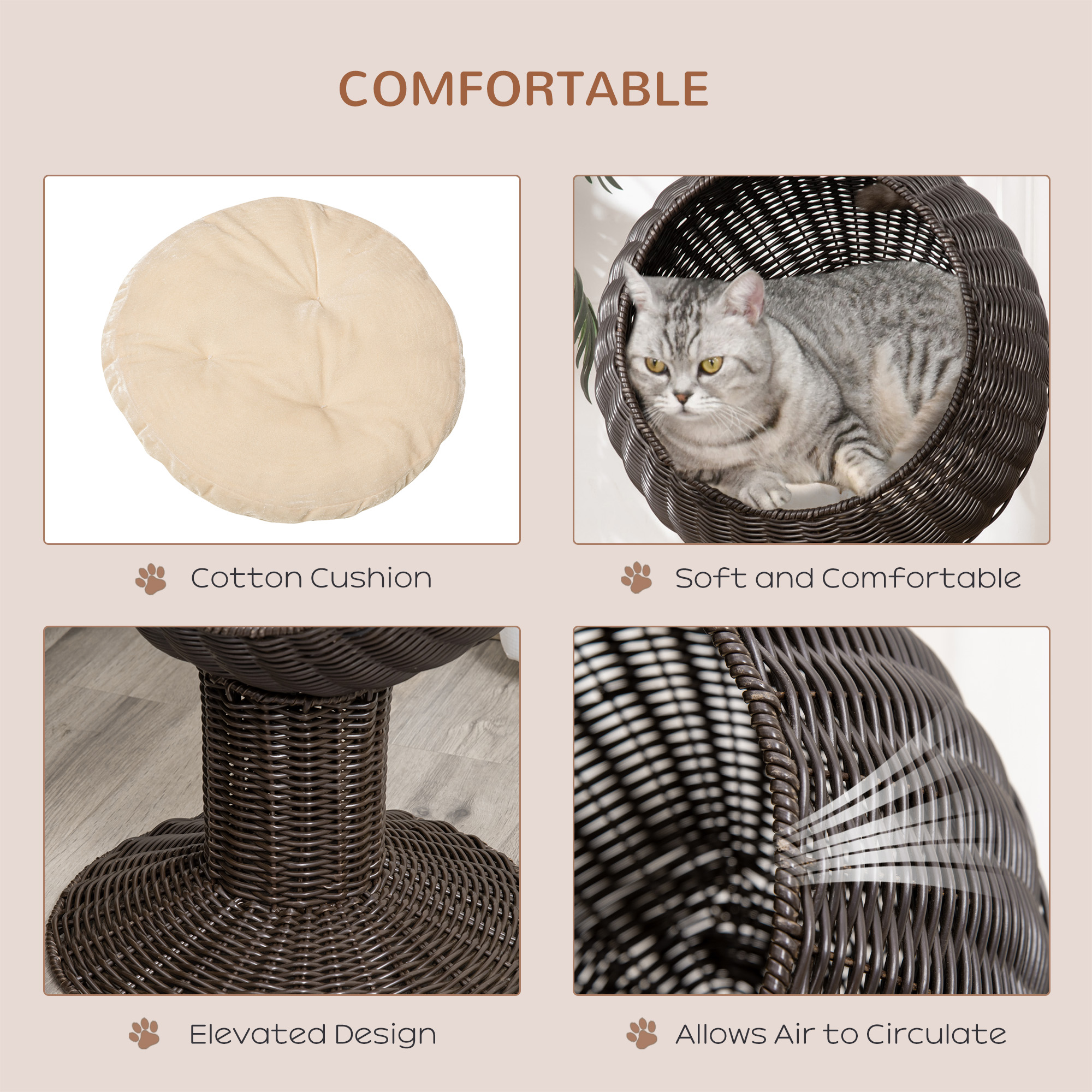 Cama Elevada para Gatos de 27", Silla Huevo Giratoria, Cojín Grueso, Estera Natural Tejida, Color Café — imagen 2