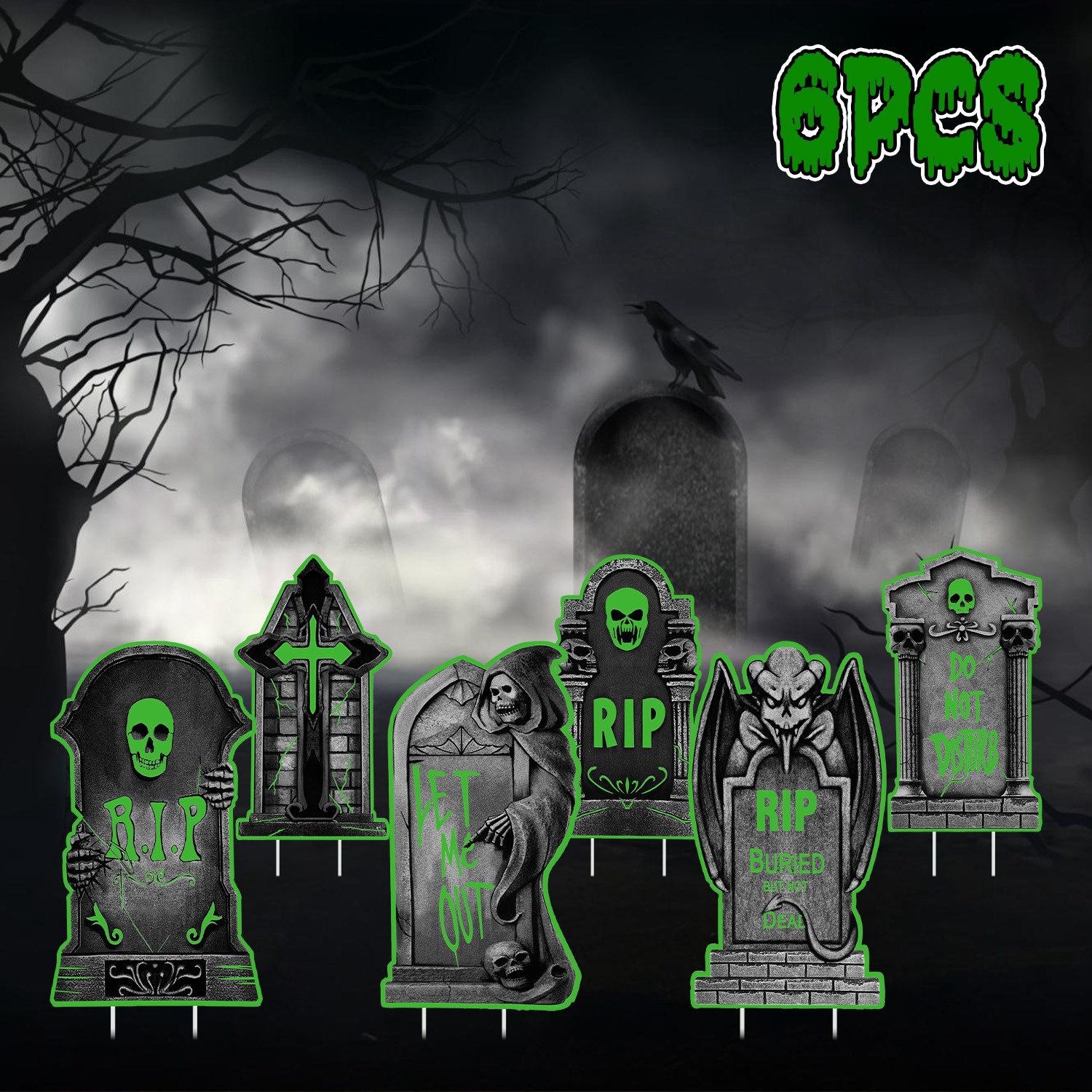Decoraciones de Jardín para Halloween: 6 Calaveras, 6 Tumbas o 5 Gatos Negros, Brillan en la Oscuridad, para Casa Embrujada, Jardín, Patio y Fiestas de Temática Terrorífica — imagen 25
