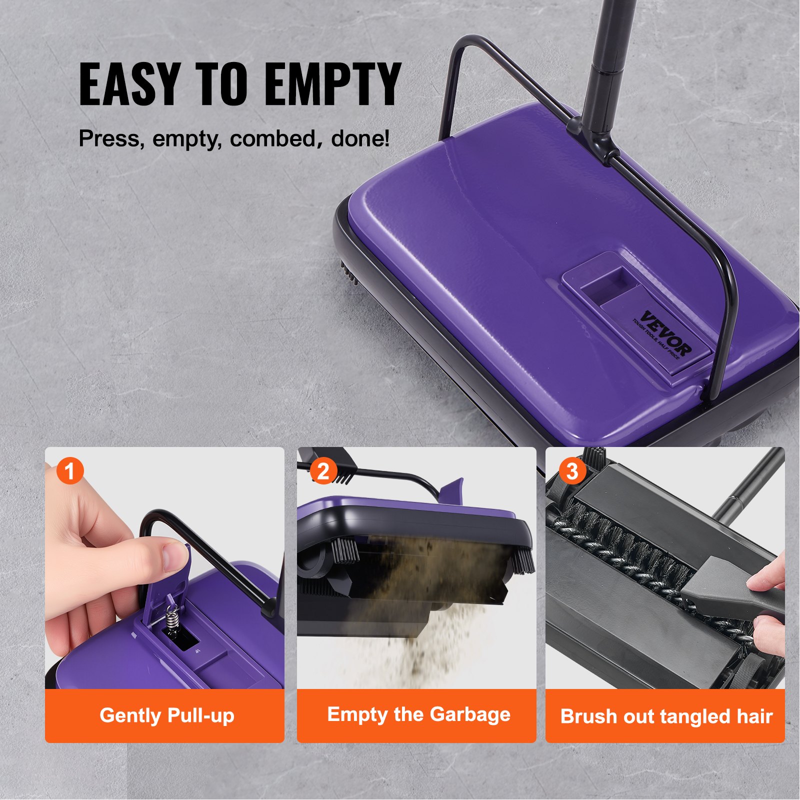Carpet Sweeper Manual, Floor Sweeper With 300 Ml Dustbin Capacity Easy To Empty, 6.7 Inch Cleaning Width For Home Office Carpets Pet Hair Dust, Purple — imagen 2