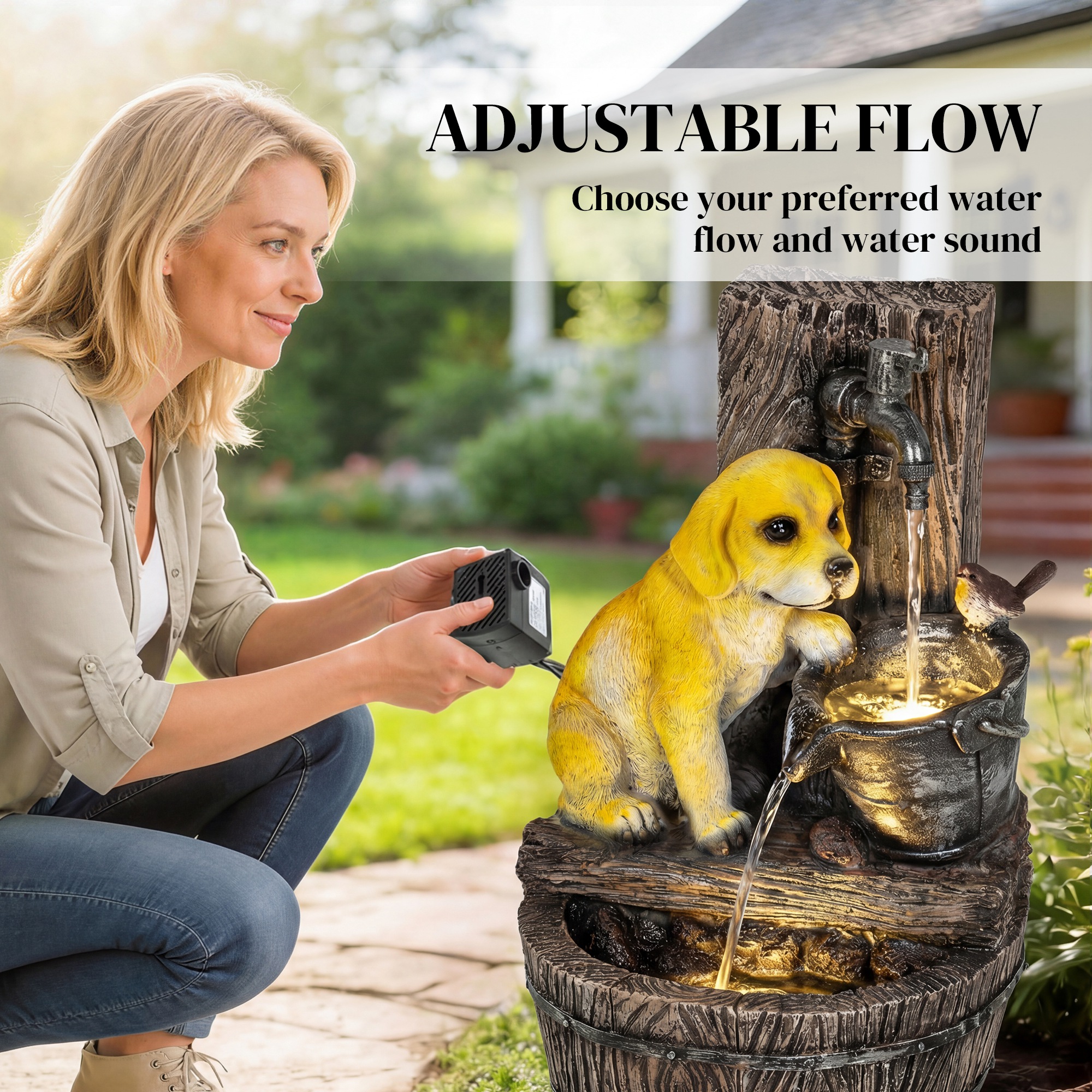 Fuente Exterior de 22" con Tema de Cachorro de 3 Niveles, Fuente de Jardín de Resina con Luces LED, Flujo Ajustable, Marrón Rústico — imagen 7