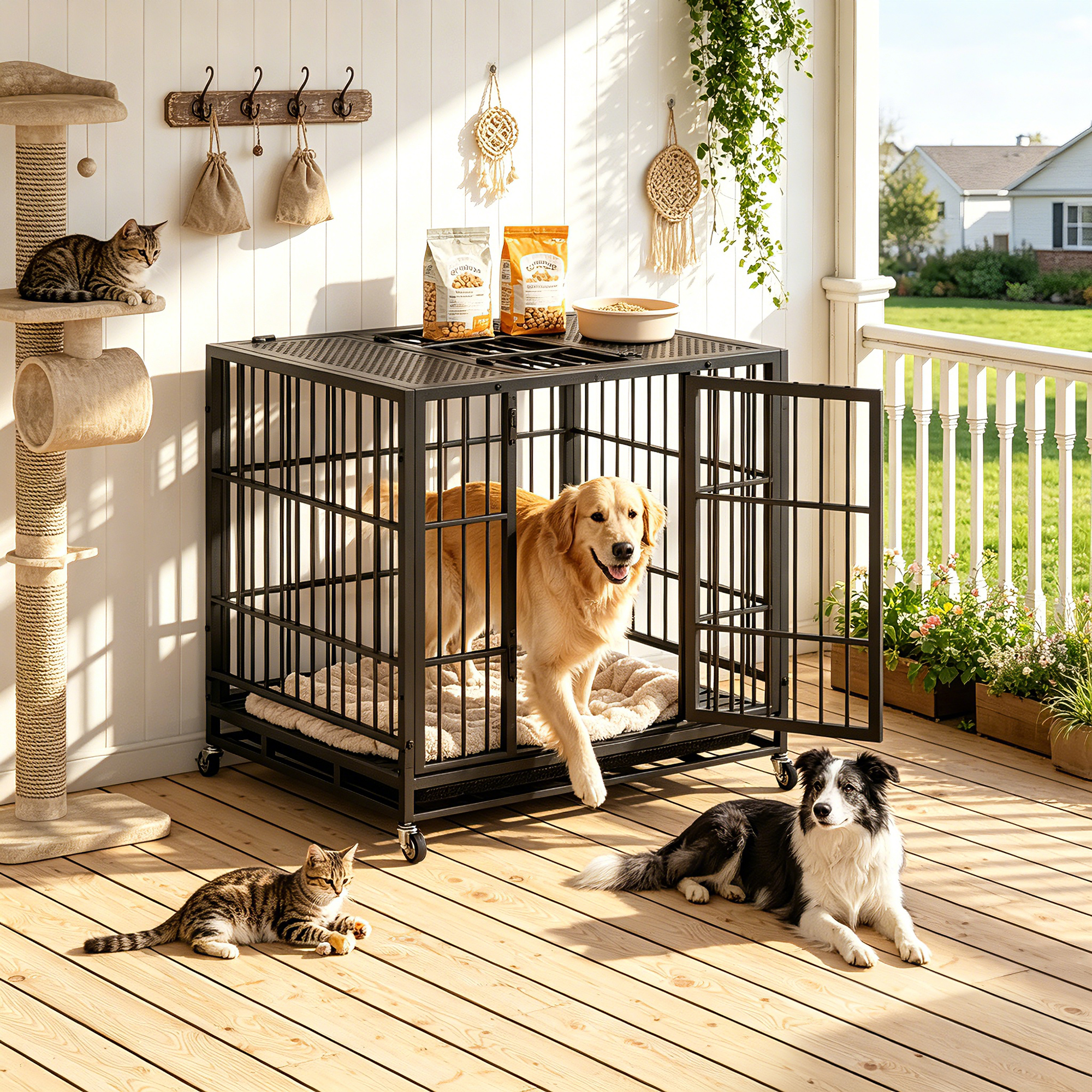 Heavy Duty Dog Crate, Mobile Pet Kennel with Lockable Wheels & Rotary Twist-Latch, Indoor Outdoor Metal Cage with Perforated Top — image 2