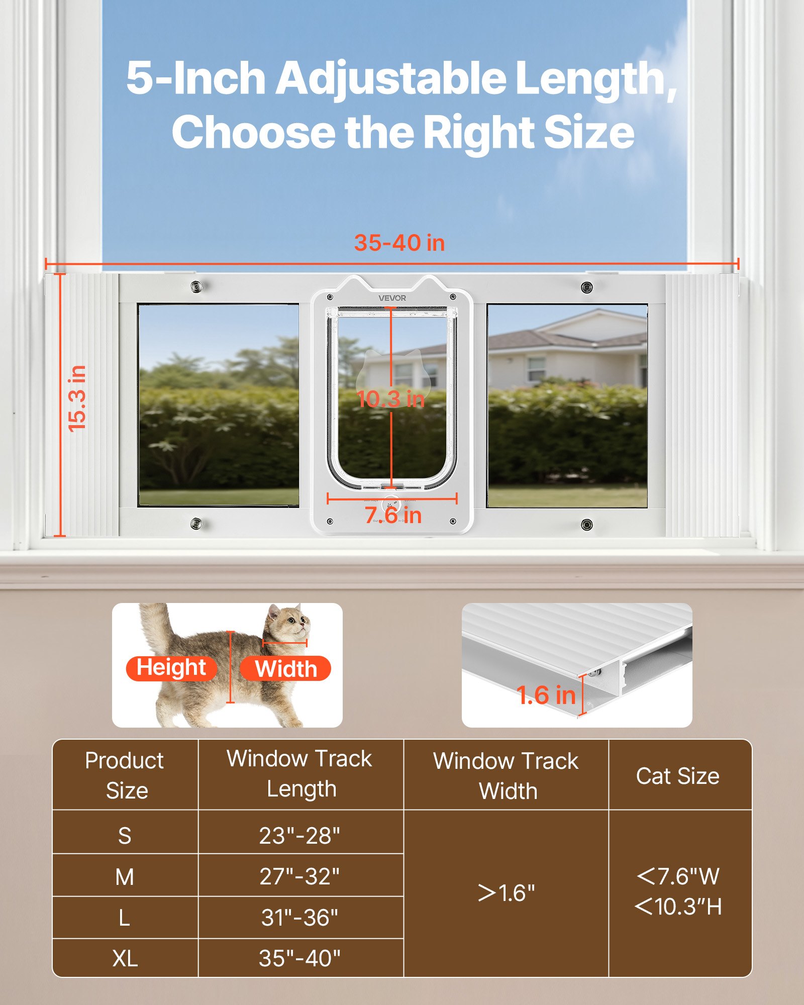 Puerta para Gatos en la Ventana, Ajustable de 87 cm - 102 cm de Ancho, 4 Modos de Bloqueo Seguros, Estructura de Aluminio y Vidrio de Alta Transparencia, Cierre Magnético, Puerta Rápida para Perros y Gatos Resistentes al Clima, Blanco — imagen 2