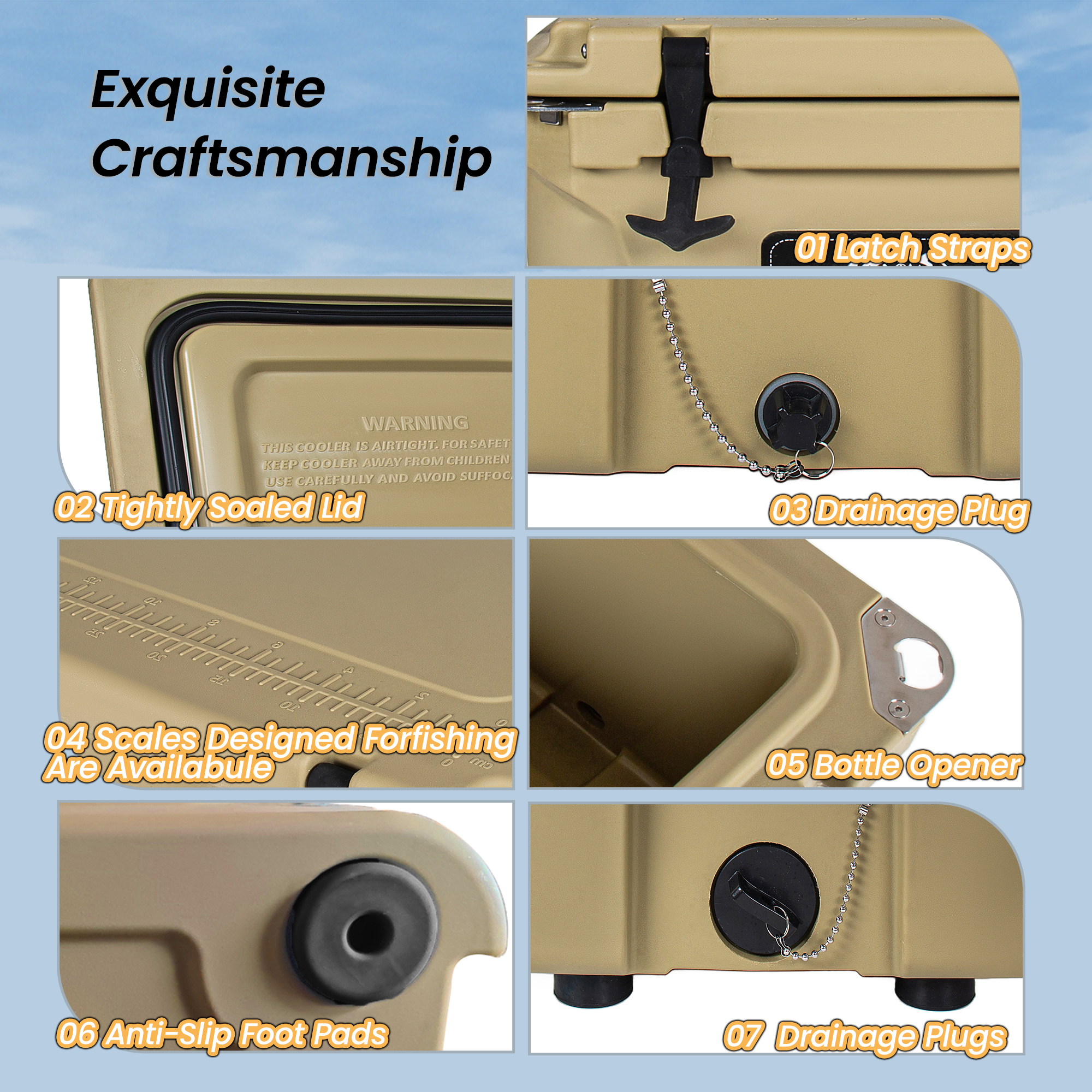 65 Quart Khaki Cooler, Ultra-Tough Hard Shell Ice Chest - Heavy-Duty Insulated Portable Cooler With 6-Day Ice Retention For Camping, Job Site, Tailgating, Beach & Fishing — imagen 2