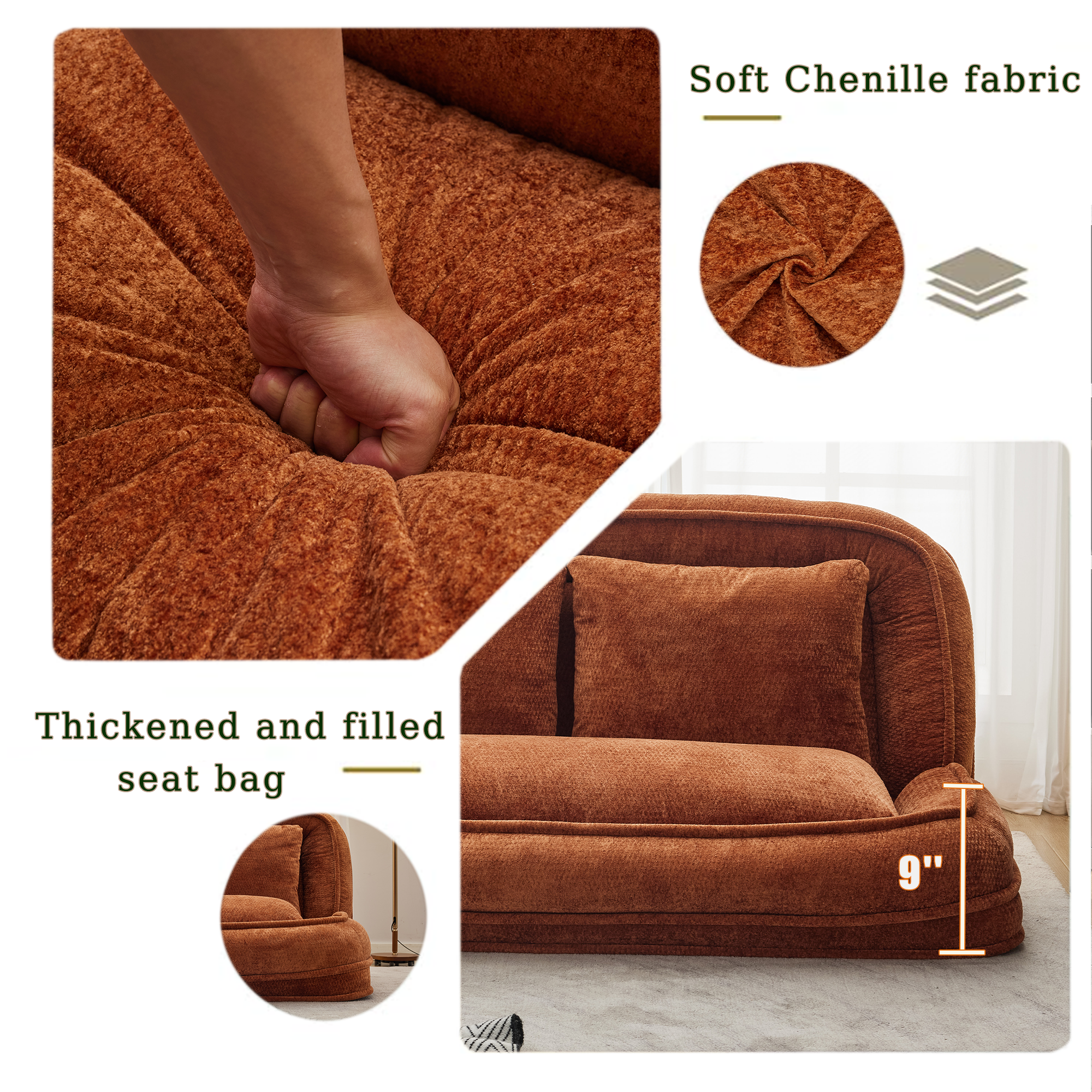 Silla de descanso doble para perros, Sofá relajante, Silla de amor, Adecuada para ti y tus mascotas, Couch de piso extra grande, Puedes sentarte o acostarte, 2 en 1, 5 posiciones ajustables, Almohada rellena, 2 asientos, Chenille naranja — imagen 13