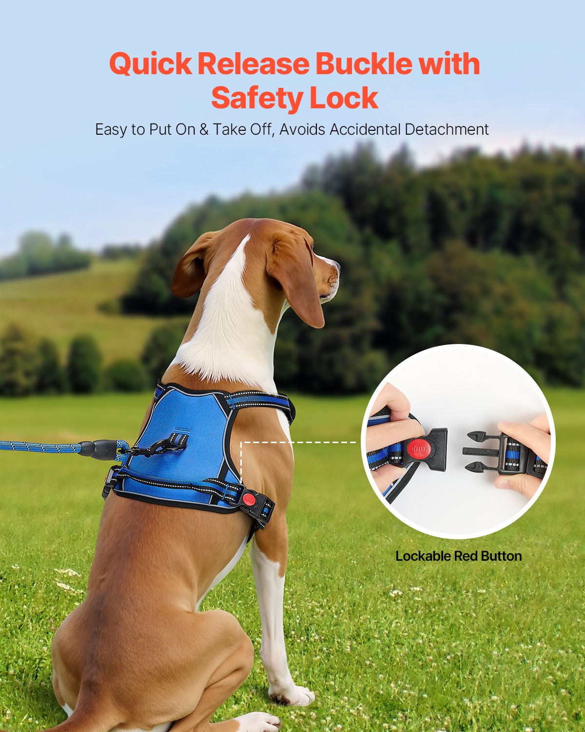 Arnes de Perro para Grandes Razas - Arnes Pet Sin Tirar, Ajustable con Cuerda de 5 pies, Manija, Anillos Metálicos, Cerraduras, Cosido Reflectante y Tela Oxford 600D — imagen 3
