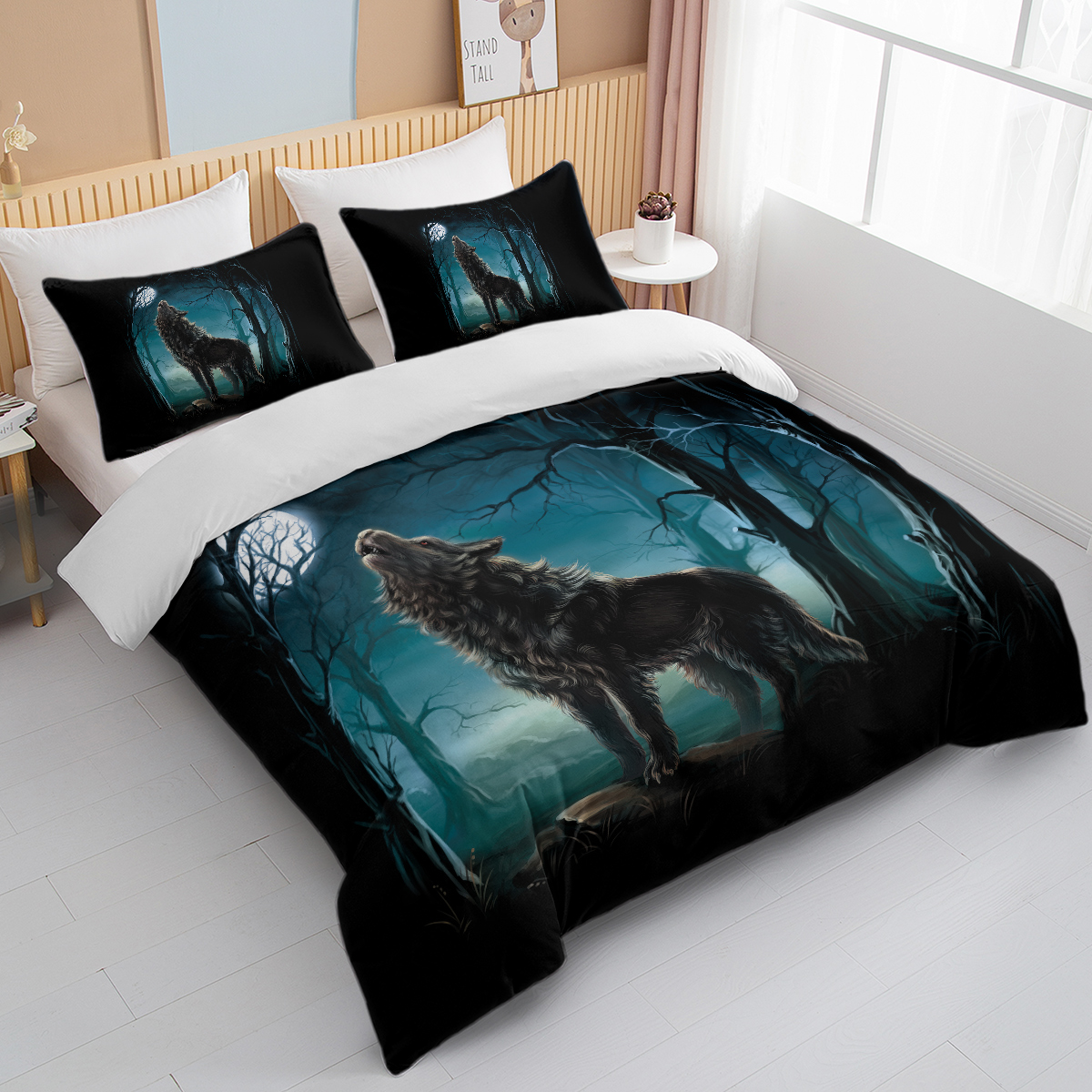 Moon Wolf Bedding Green Watercolor Forest Wolf Landscape Duvet Cover Sets 3 Pieces Wild Animal Bedding Set Twin Full Queen King Size — image 10