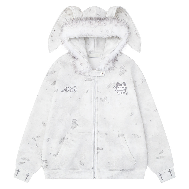 Cartoon kitten zipper casual hoodie women's coat — image 1