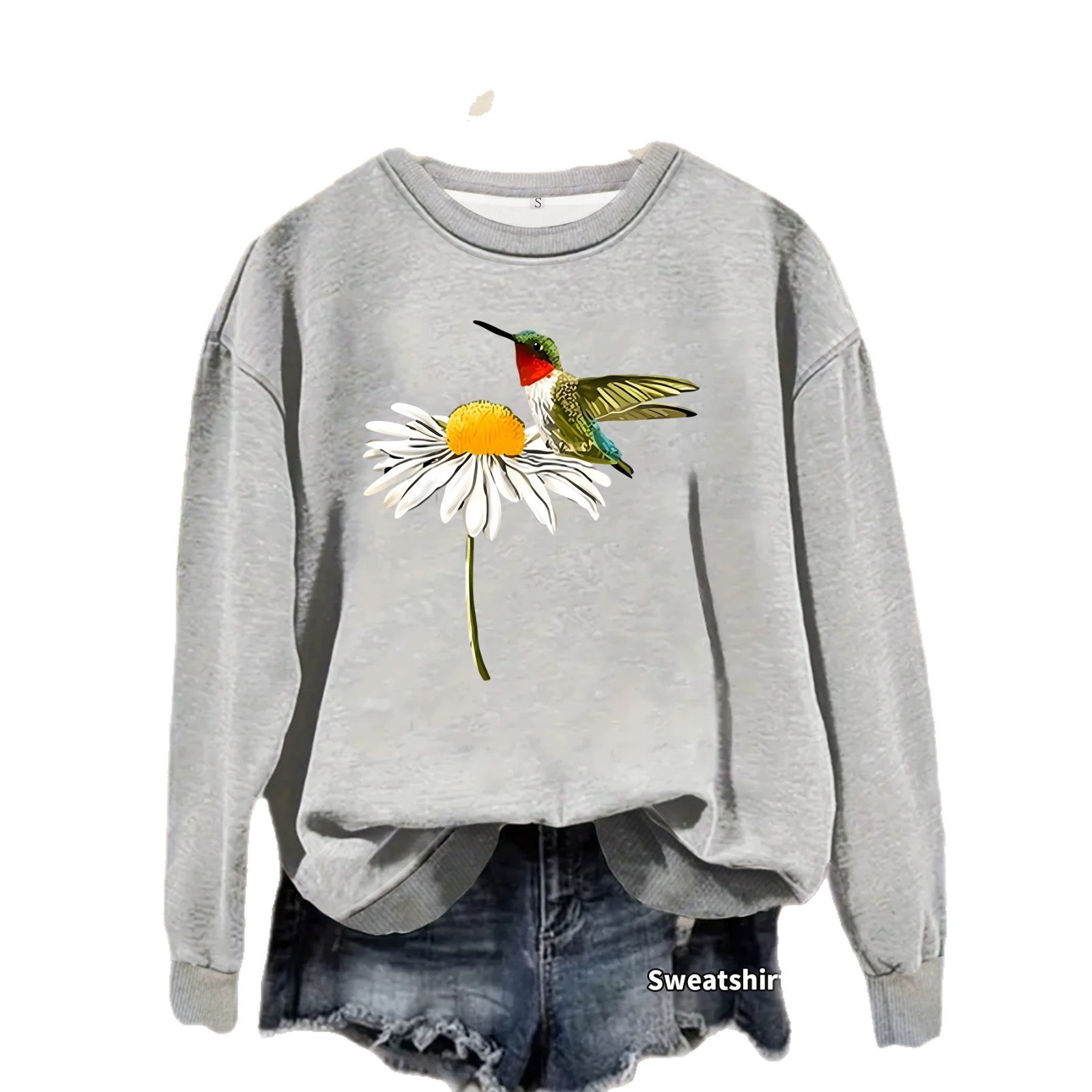 Daisy hummingbird print round neck fleece hoodie — image 2