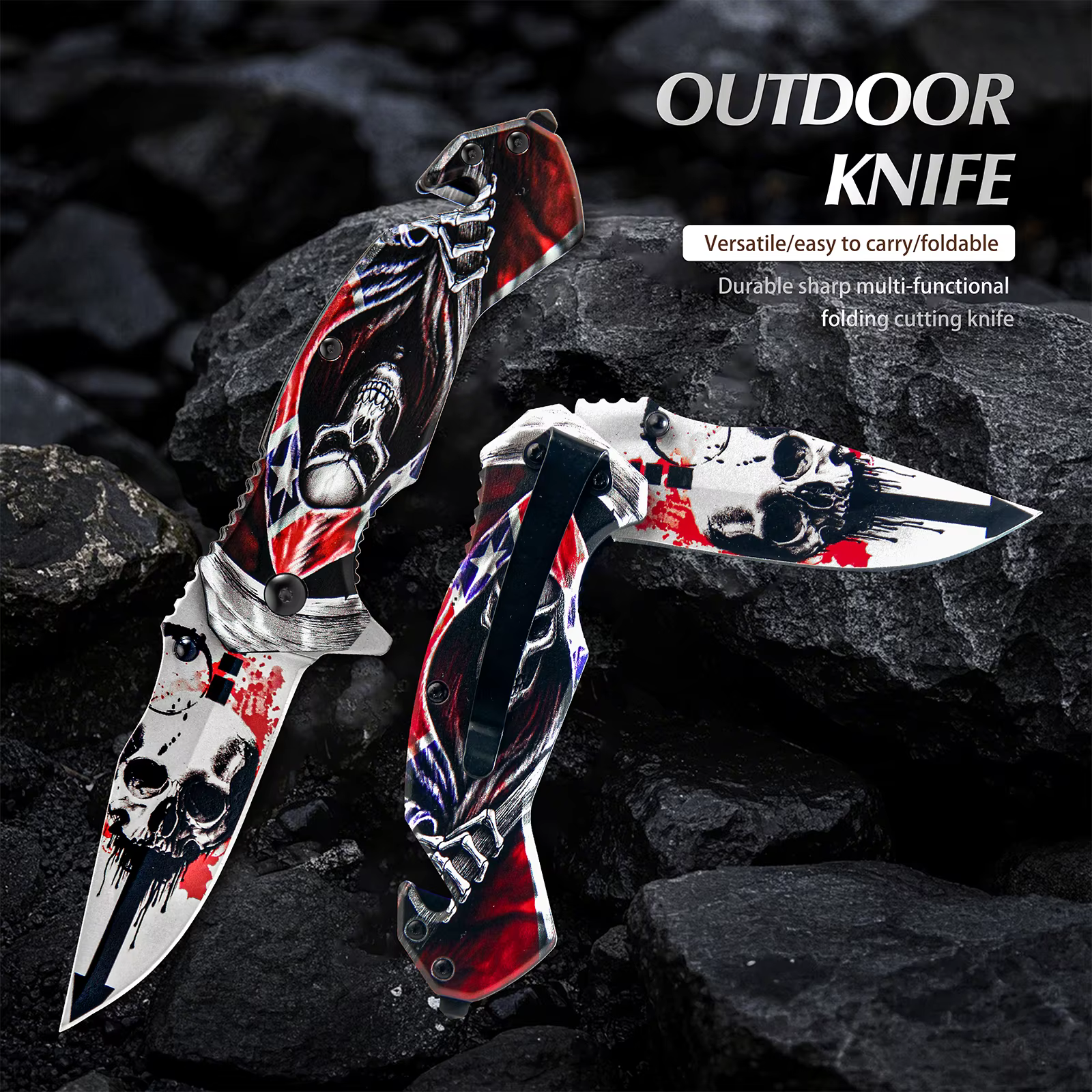 Cool Skull Ghost Head Pattern Stainless Steel Multi-purpose Folding Knife, Portable Rope Knife And Glass Shredder, Metal Handle, Perfect For Camping, Fishing And Outdoor Adventures, Perfect Gift For Men, Compound Holiday Gif — image 7