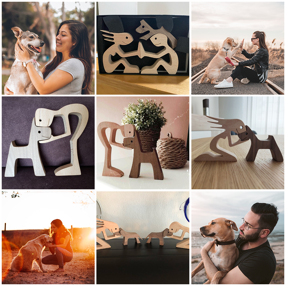 Escultura de Madera para Decoración de Hogar con Perro y Dueño - Regalo de Navidad para Amantes de los Animales — imagen 1