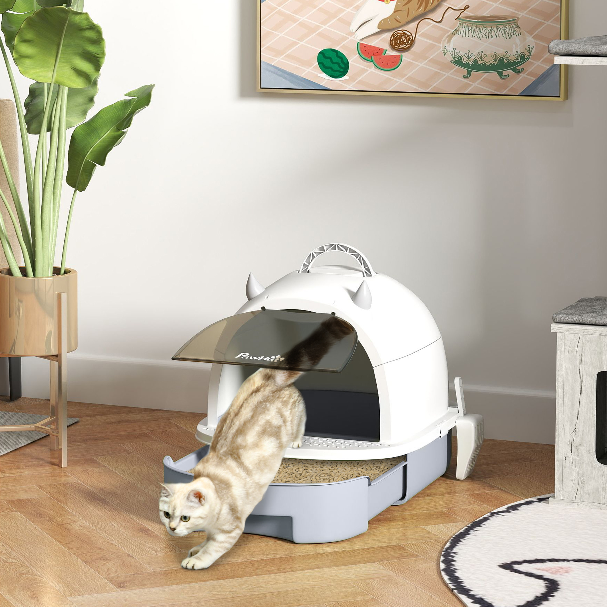 Covered Cat Litter Box With Lid, Scoop, Deodorizing Bags For Odor Control, Privacy, Easy To Clean, Gray — imagen 1