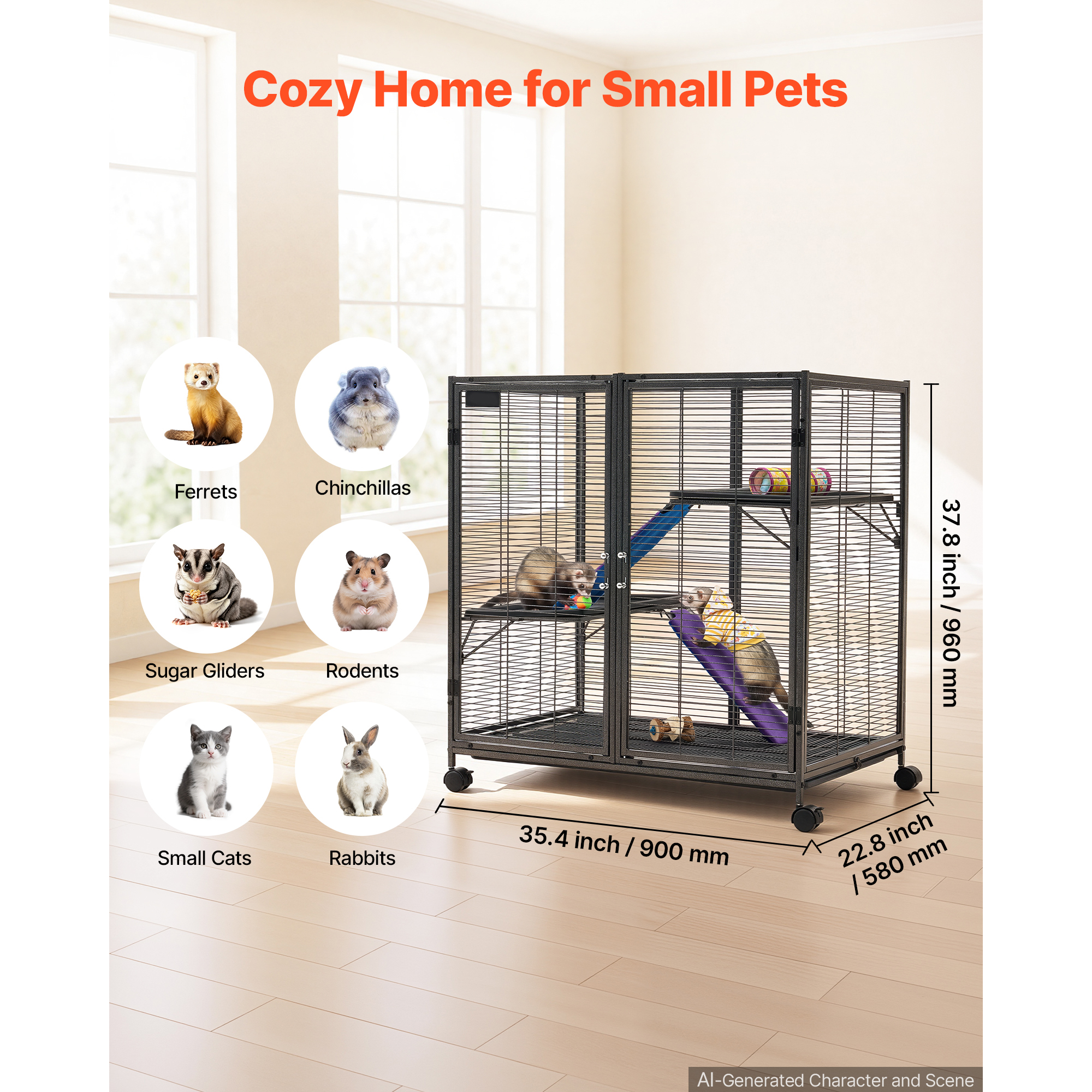Metal Small Animal Cage 37.8"H 3-Tier Rolling Ferret Cage On Wheels, 0.55" Wire Spacing Large Cages With Ramps, Platform, Tray & Doors For Ferret, Chinchilla, Sugar Glider, Guinea Pig & Rabbit — image 2