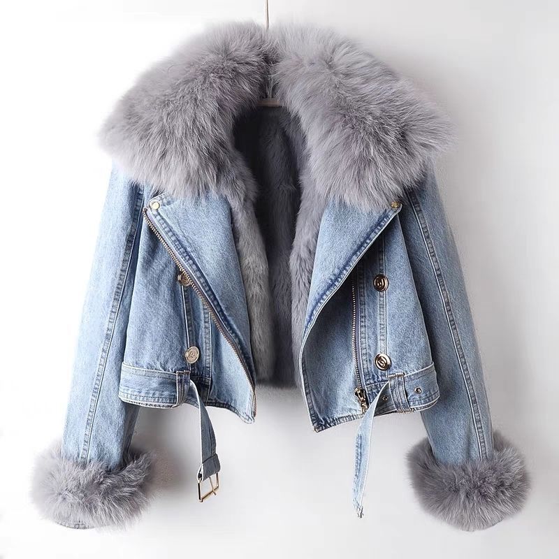 Chaquetón de Denim con Línea Removible de Pelo de Zorro y Conejo — imagen 1