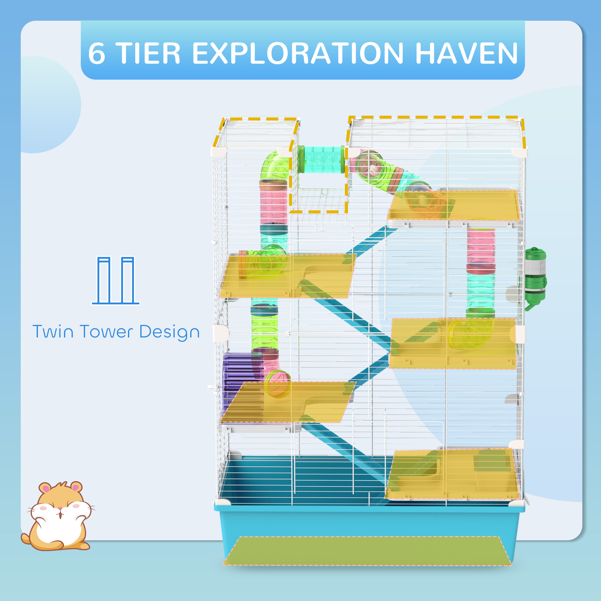 6 Tier Hamster Cage with Tubes and Tunnels, Hut, Wheel, Food Dish, Water Bottle, Ramps, for Dwarf & Gerbil, Light Blue — image 3