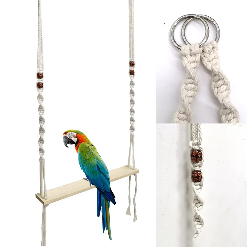 Suelo de Cauce Artesanal para Pájaros - Percha de Madera y Hamaca de Tela Macramé, Decoración Bohemia para Loros y Pinzones — imagen 5