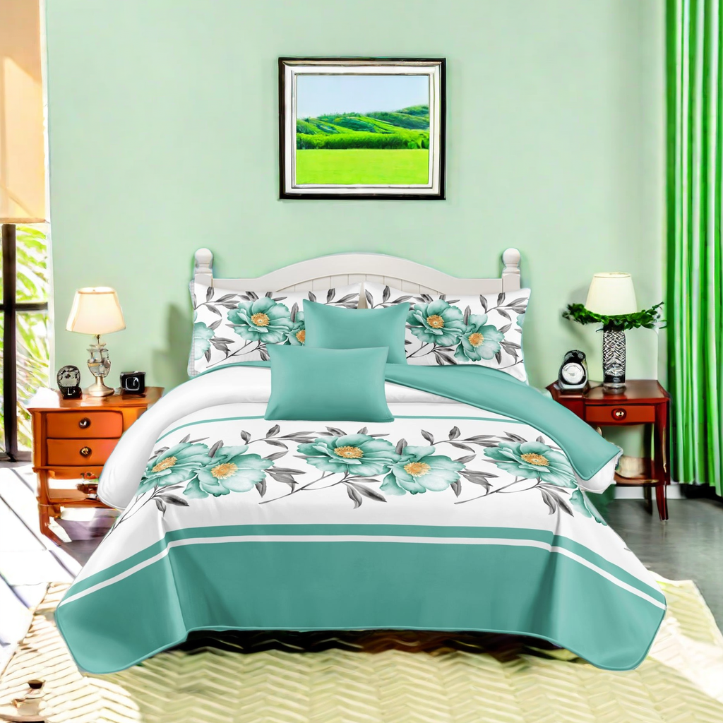 Juego de Edredón y Cortinas Room In A Bag de 9 Piezas, Colcha Gruesa con Estampado Floral Botánico Turquesa de Diseñador de EE. UU. con 6 Paneles de Cortina Personalizables, Cubrecama de Alto GSM Apto para Mascotas — imagen 5