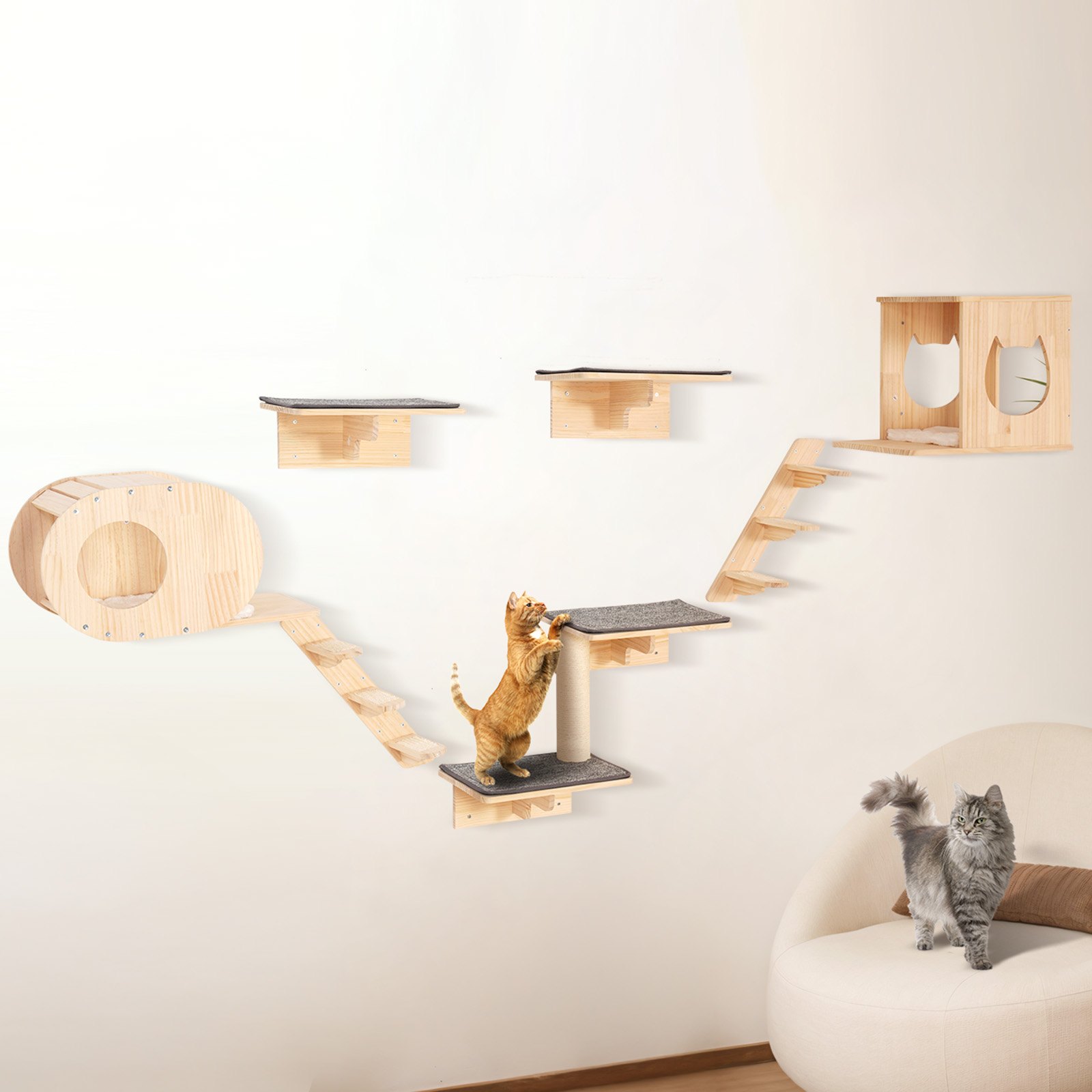 Wall Mounted Cat Shelves Tree With Jumping Boards Nests Hammock Set Of 7 — image 1
