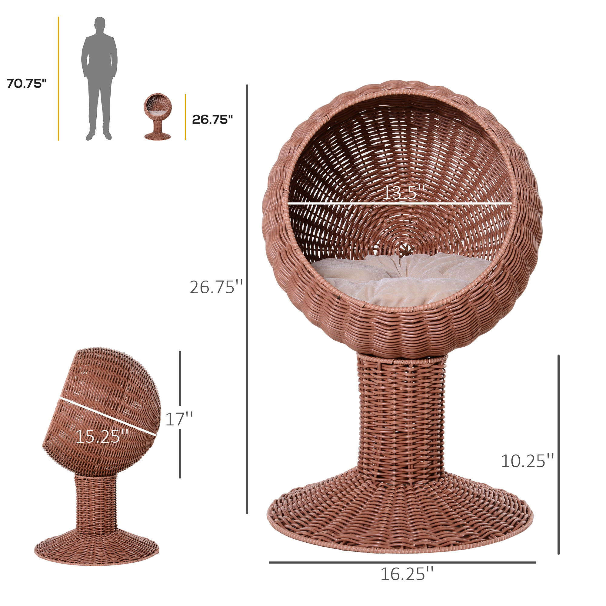 Cama para Gatos Elevada con Silla de Huevo Rotativa, Caja de Descanso con Manta Espesa y Casa de Juguete de Hierba Natural, Marrón — imagen 5