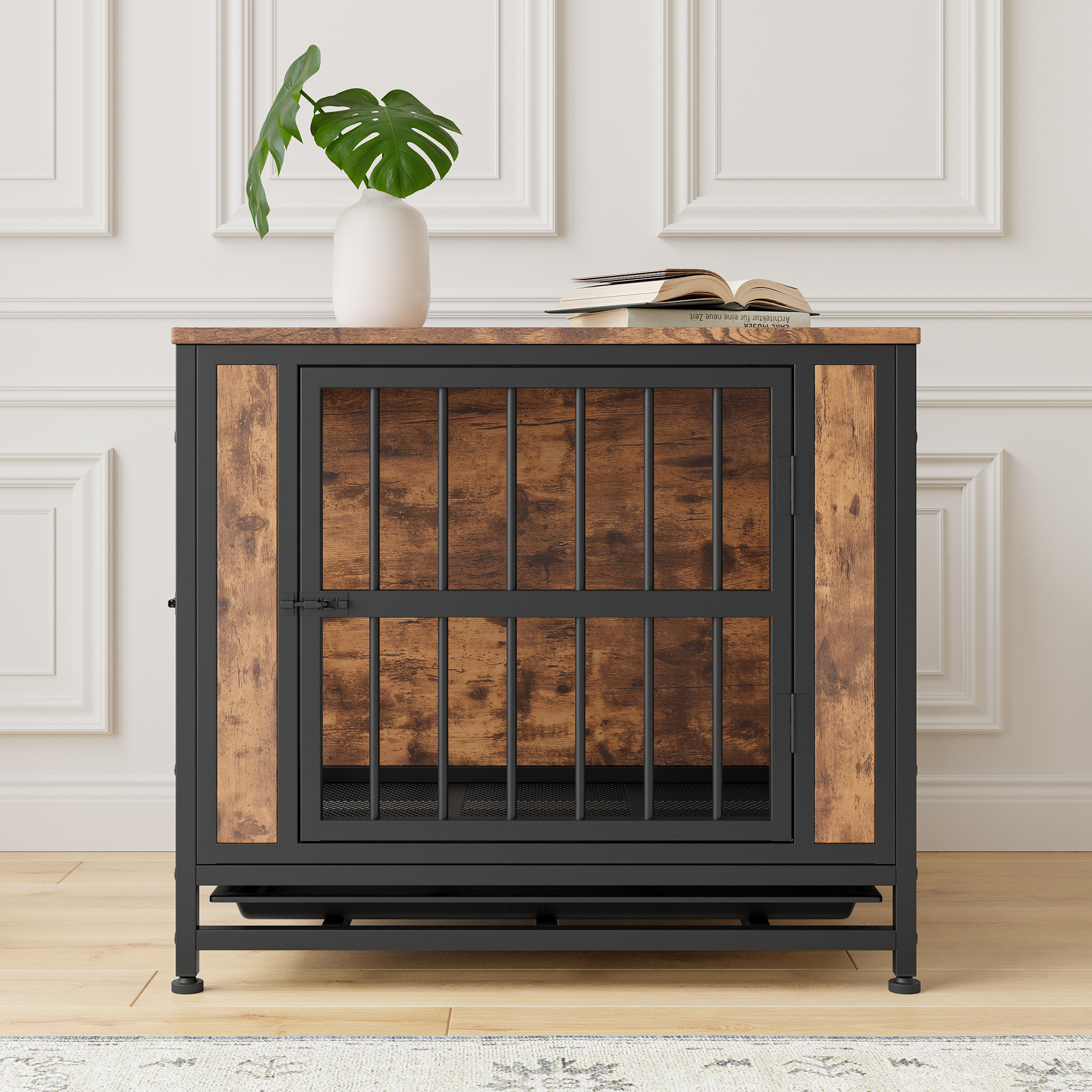 Mueble para Perro, Caja de Madera para Perros con 2 Puertas Deslizantes y Estructura de Puerta de Hierro Espesa, Casa Decorativa para Pequeños Perros para Uso Interior (Marrón Rustico) — imagen 5