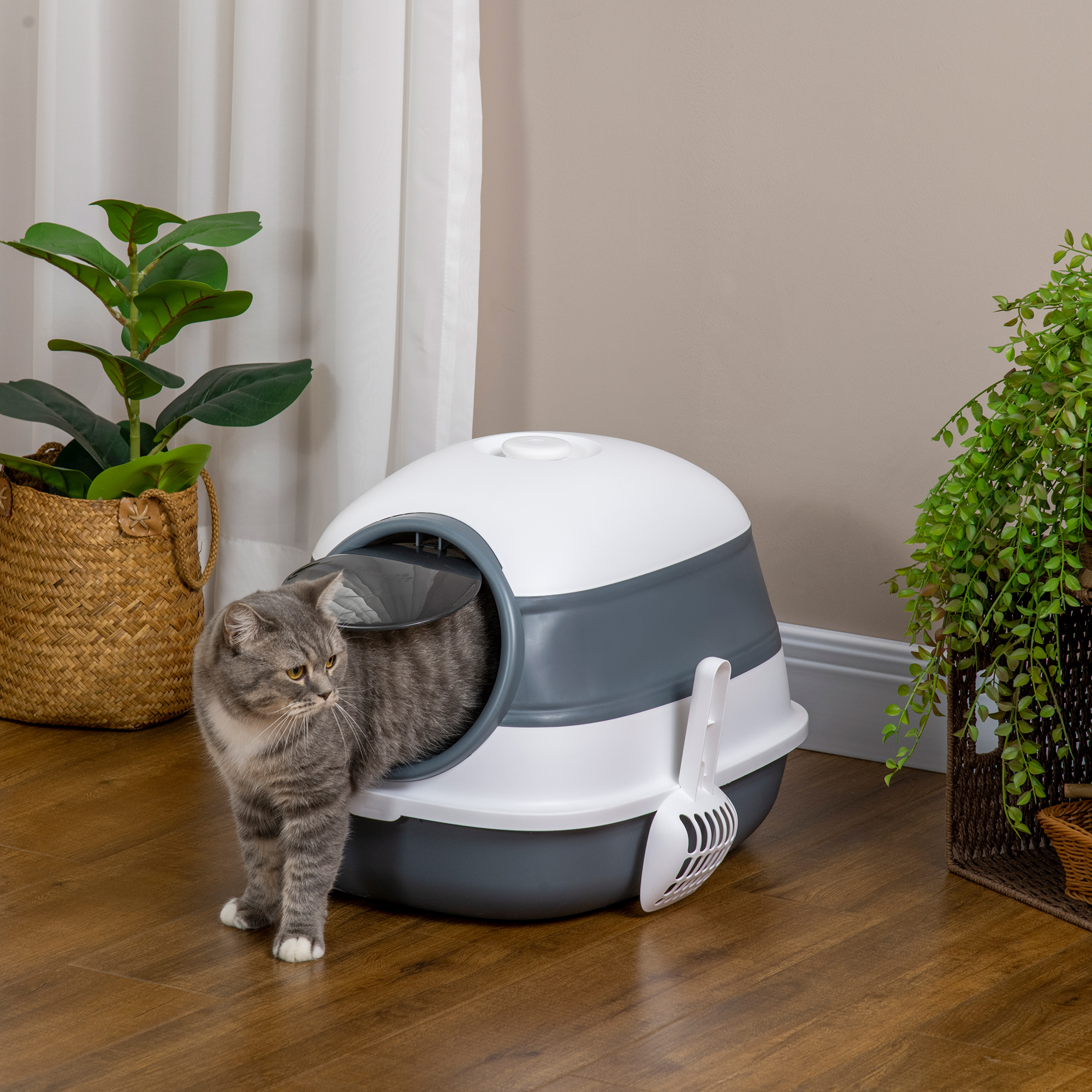 Dome Covered Cat Litter Box with Lid, White and Gray — imagen 2