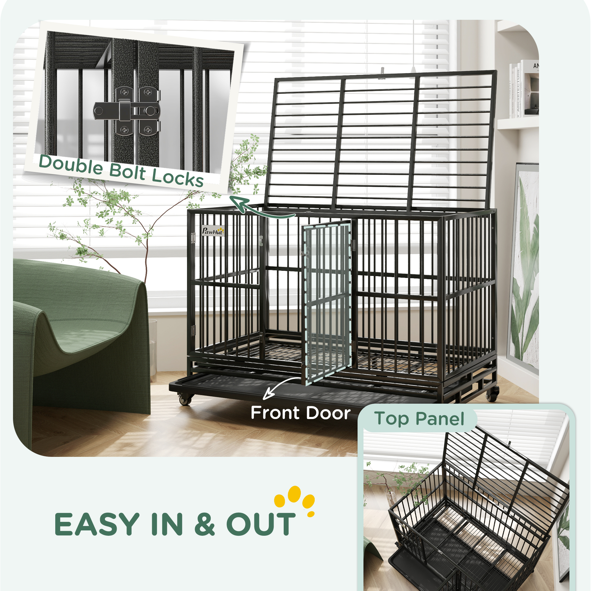 48" Heavy Duty Dog Crate Metal Cage Kennel with Lockable Wheels, Double Door and Removable Tray, gray — imagen 3