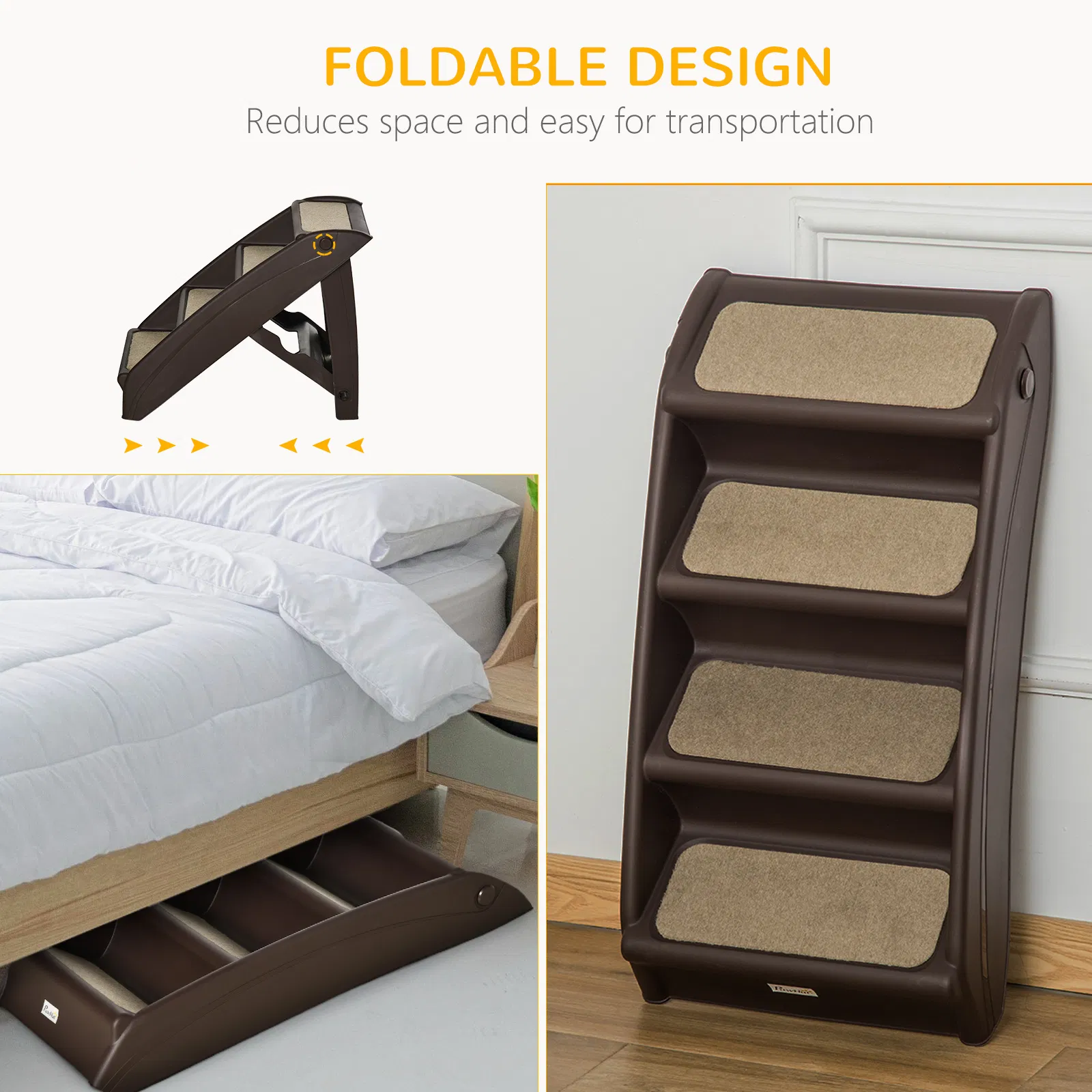 4-Level Portable Pet Stairs, Foldable Dog Ramp, Lightweight Cat Steps, with Nonslip Soft Mats, for High Bed, Sofa, Up to 44 lbs, Dark Brown — image 5