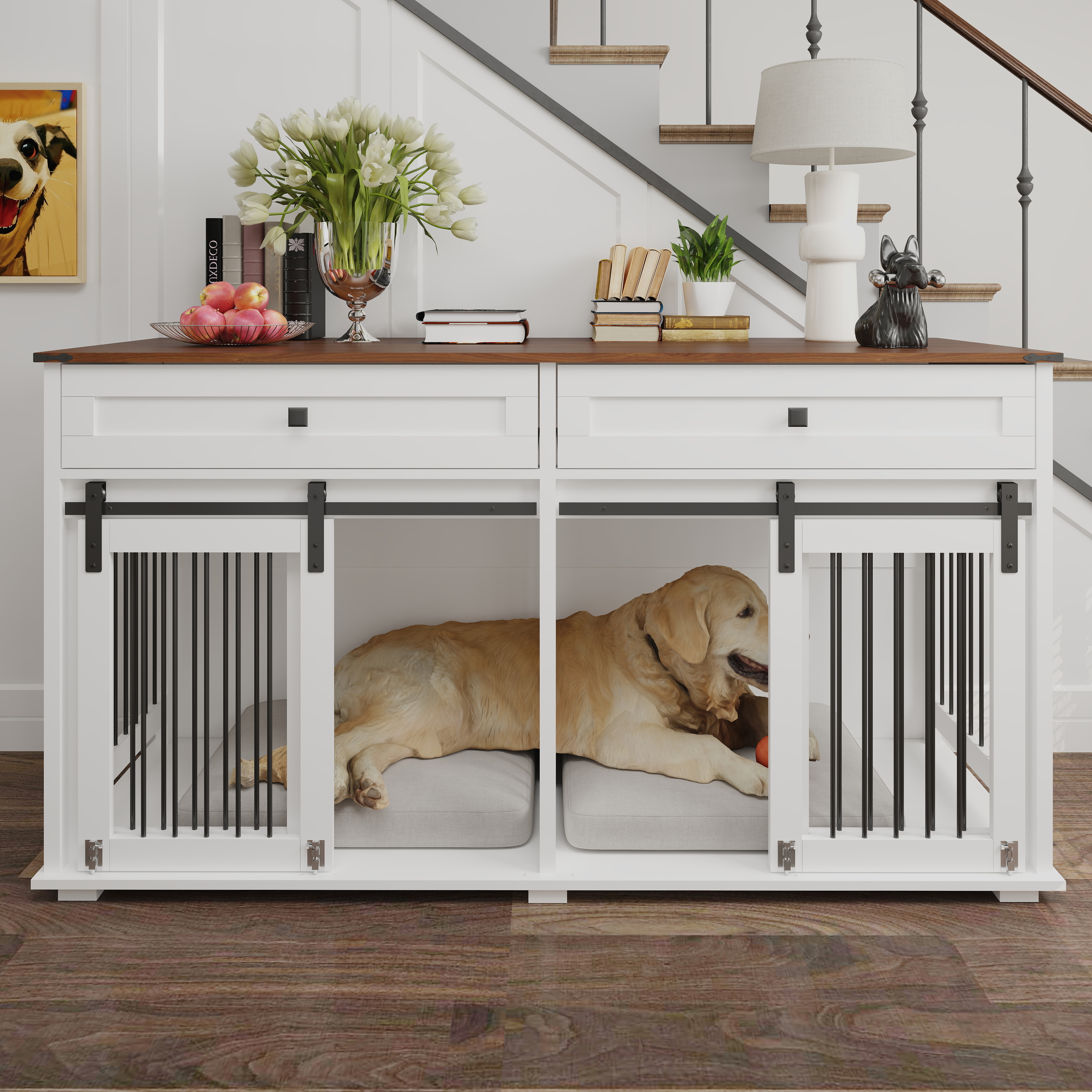 63'' Large Dog Crate Furniture For Double Dog, Wooden Dog Kennel With 2 Drawers, Divider And Sliding Door, Water Resistant Indoor Pets Furniture Style Double Dog Crates — image 6