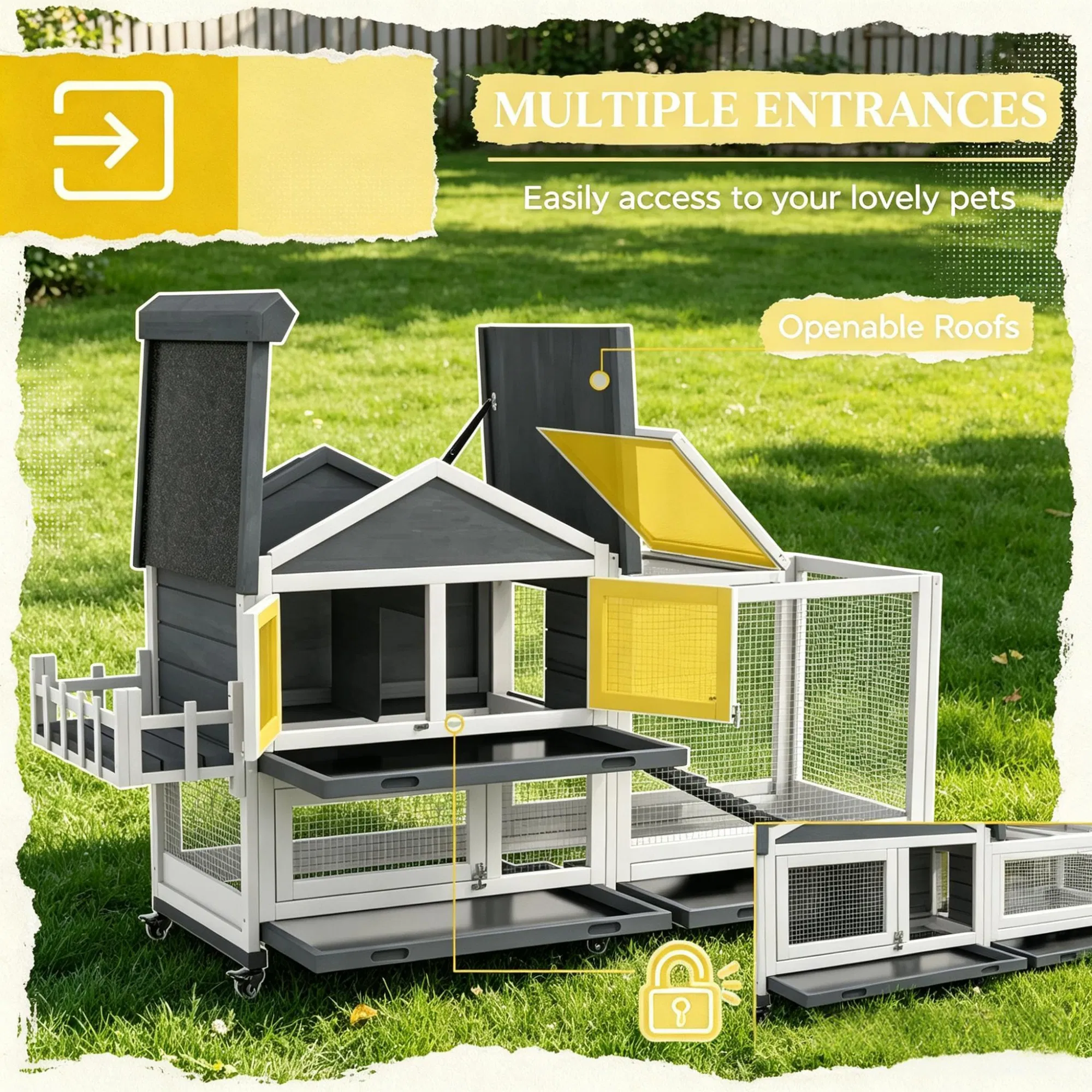 Gray 65" Spacious Wooden Rabbit Hutch: Pet Playpen with Openable Roof for Easy Access & Storage Box for Rabbits — image 7