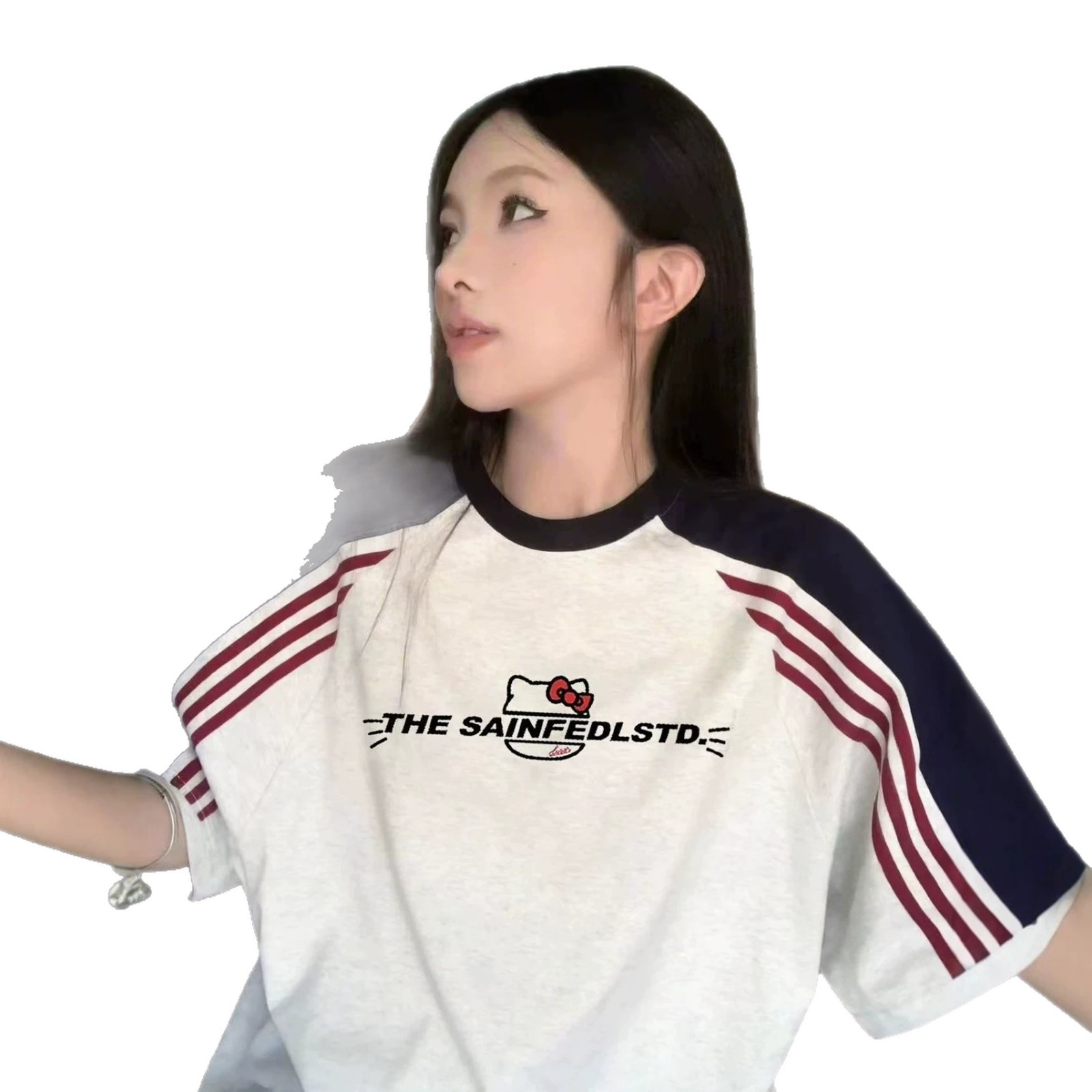 Cat Print Color-Blocking Short Sleeve T-Shirt for Women — image 1