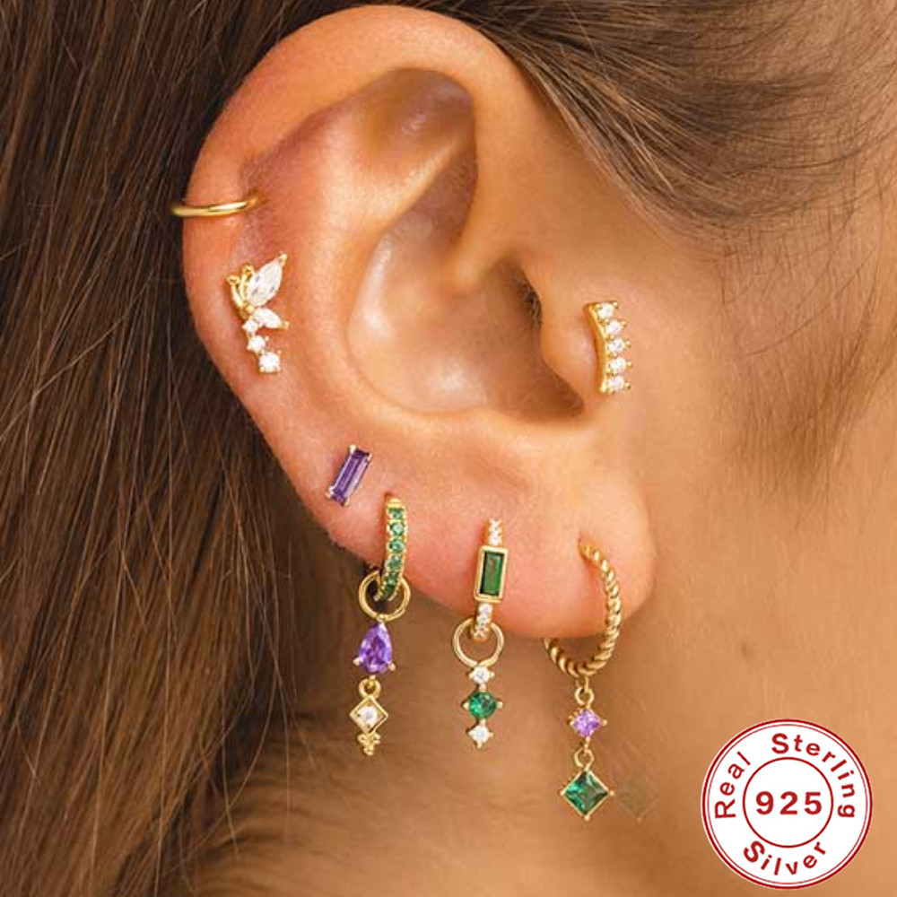 Pendientes de plata esterlina S925 con insignia de viento triple cielo, adorno de mariposa super hada, perforación interna, hilo interno, cabeza plana — imagen 2
