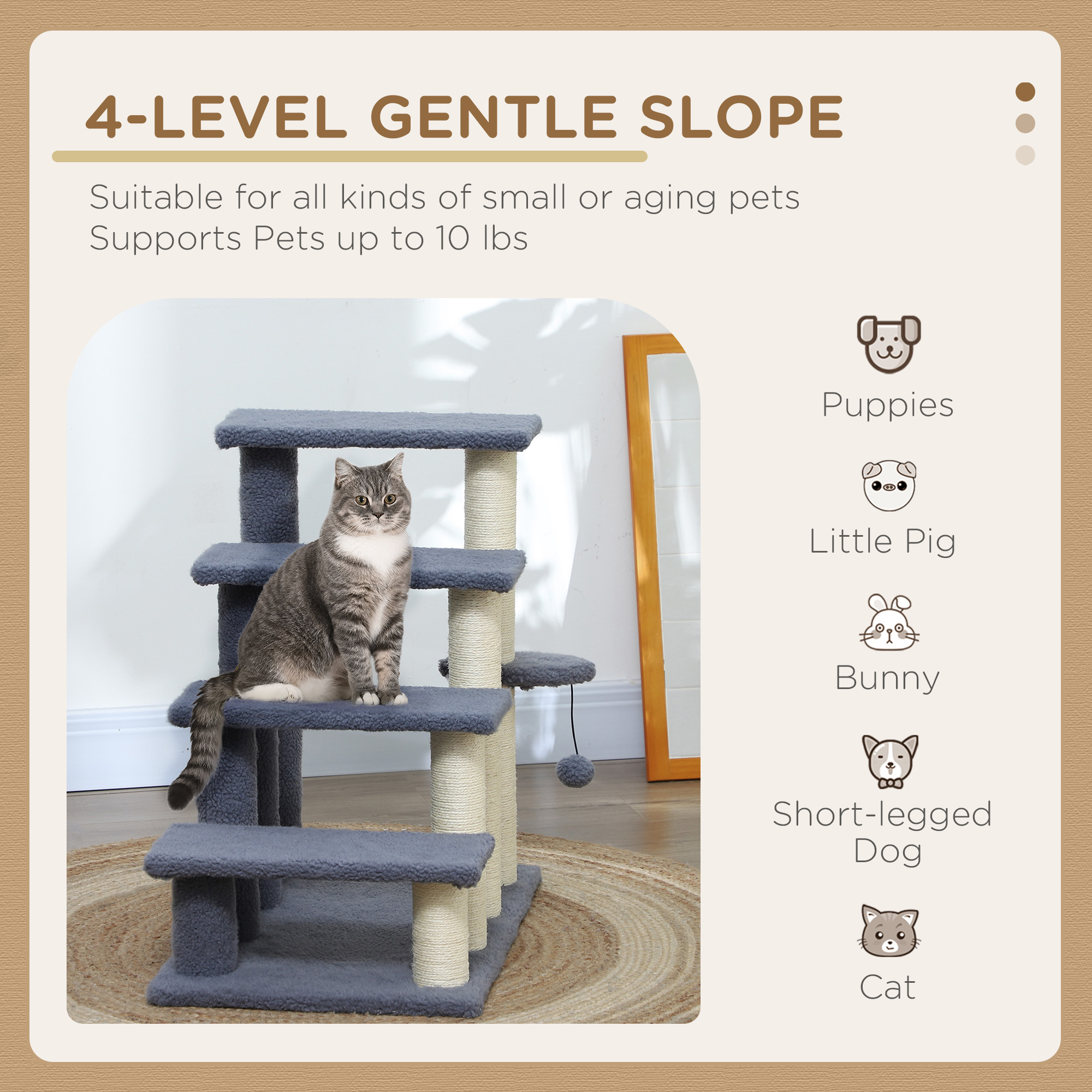Escalones para Gatos de 4 Niveles con Postes Rascadores para Cama Alta, Sofá, Gris — imagen 8