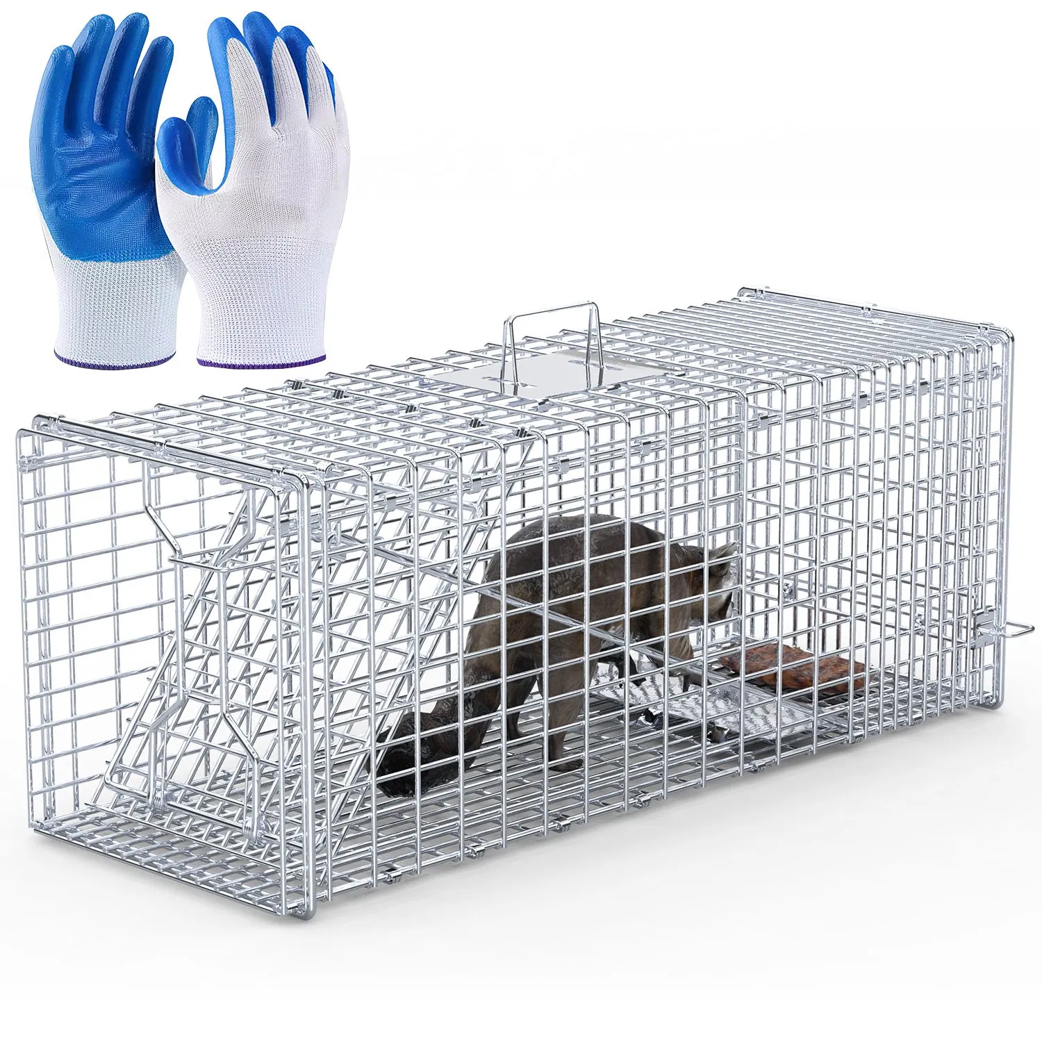 Heavy-Duty Live Animal Trap - 37x14x15 Inch Galvanized Mesh, Sensitive Pedal Trigger & Rear Release Door, Guarded Handle, Foldable Design for Raccoons, Armadillos, Small Dogs Under 55 lbs — image 4