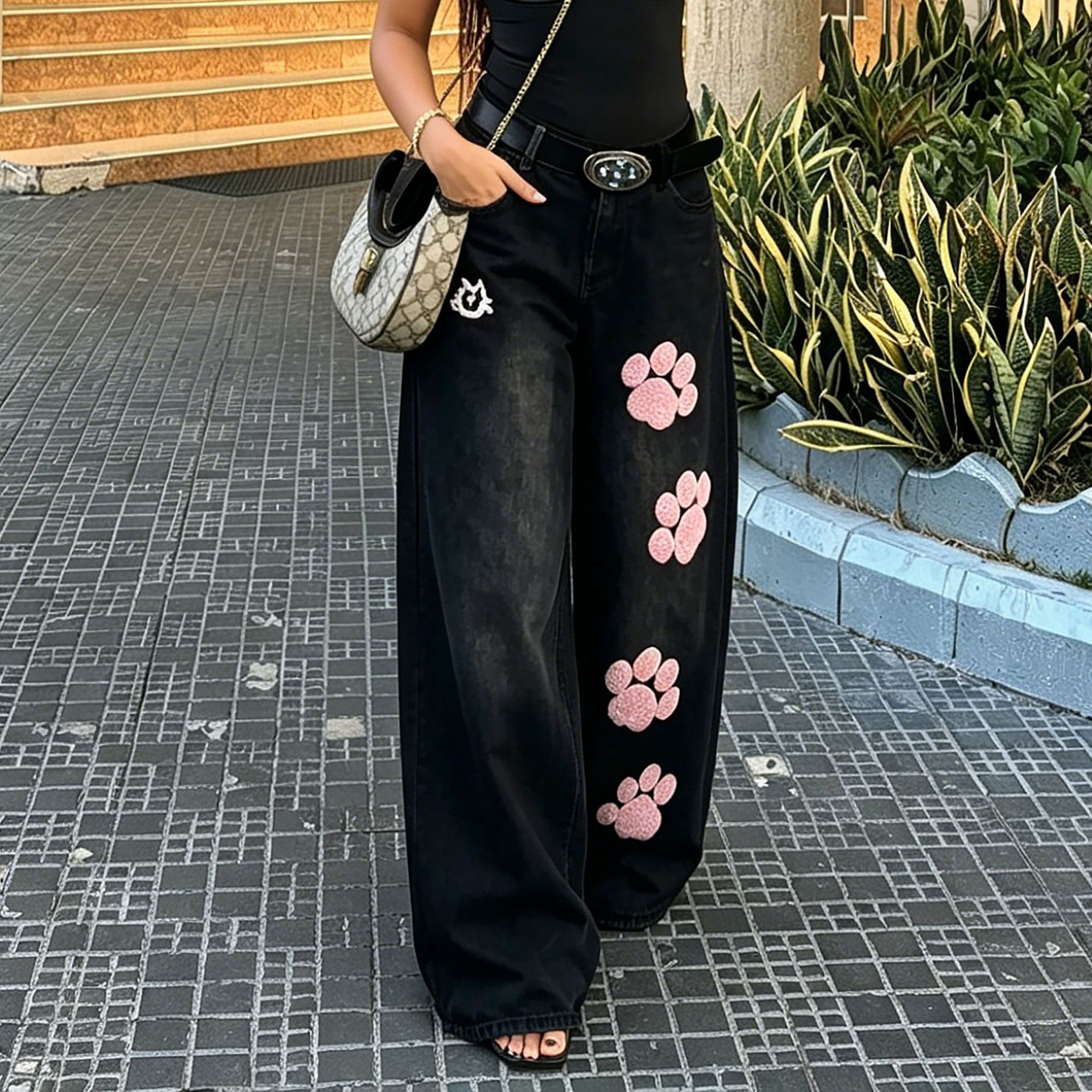 Cat Paw Embroidery Wide Leg Jeans — image 4