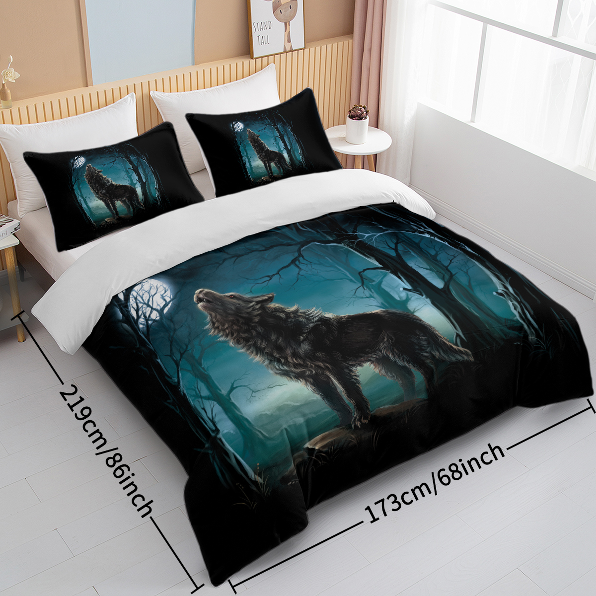 Moon Wolf Bedding Green Watercolor Forest Wolf Landscape Duvet Cover Sets 3 Pieces Wild Animal Bedding Set Twin Full Queen King Size — image 6