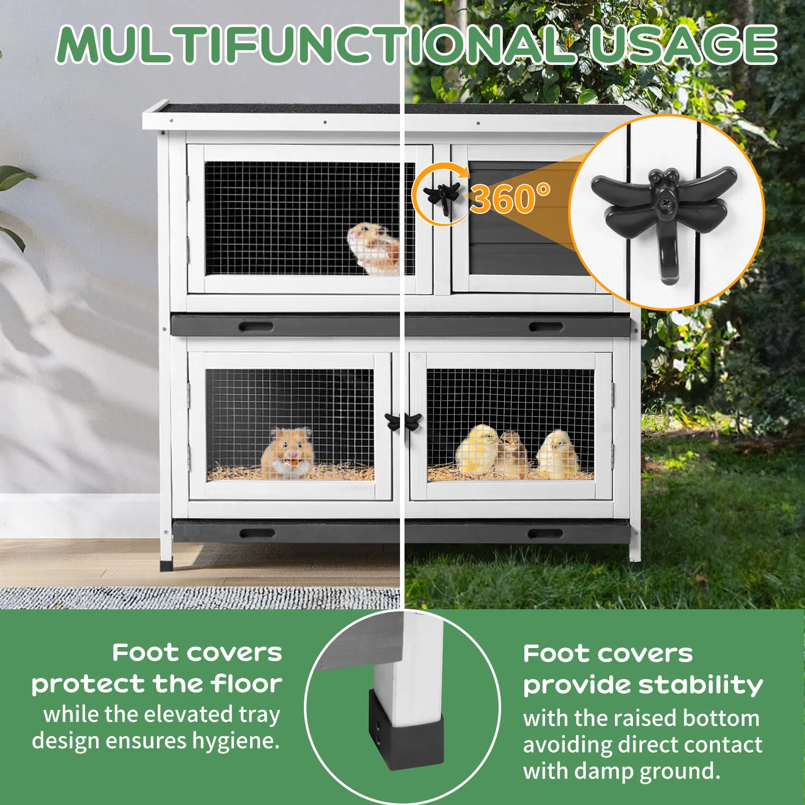 2 Story Solid Wood Rabbit Hutch Bunny Cage with 2 Large Main Rooms, Indoor Outdoor Rabbit House Guinea Pig Cage Pet House for Small Animals with 2 Removable Trays, Grey — image 10