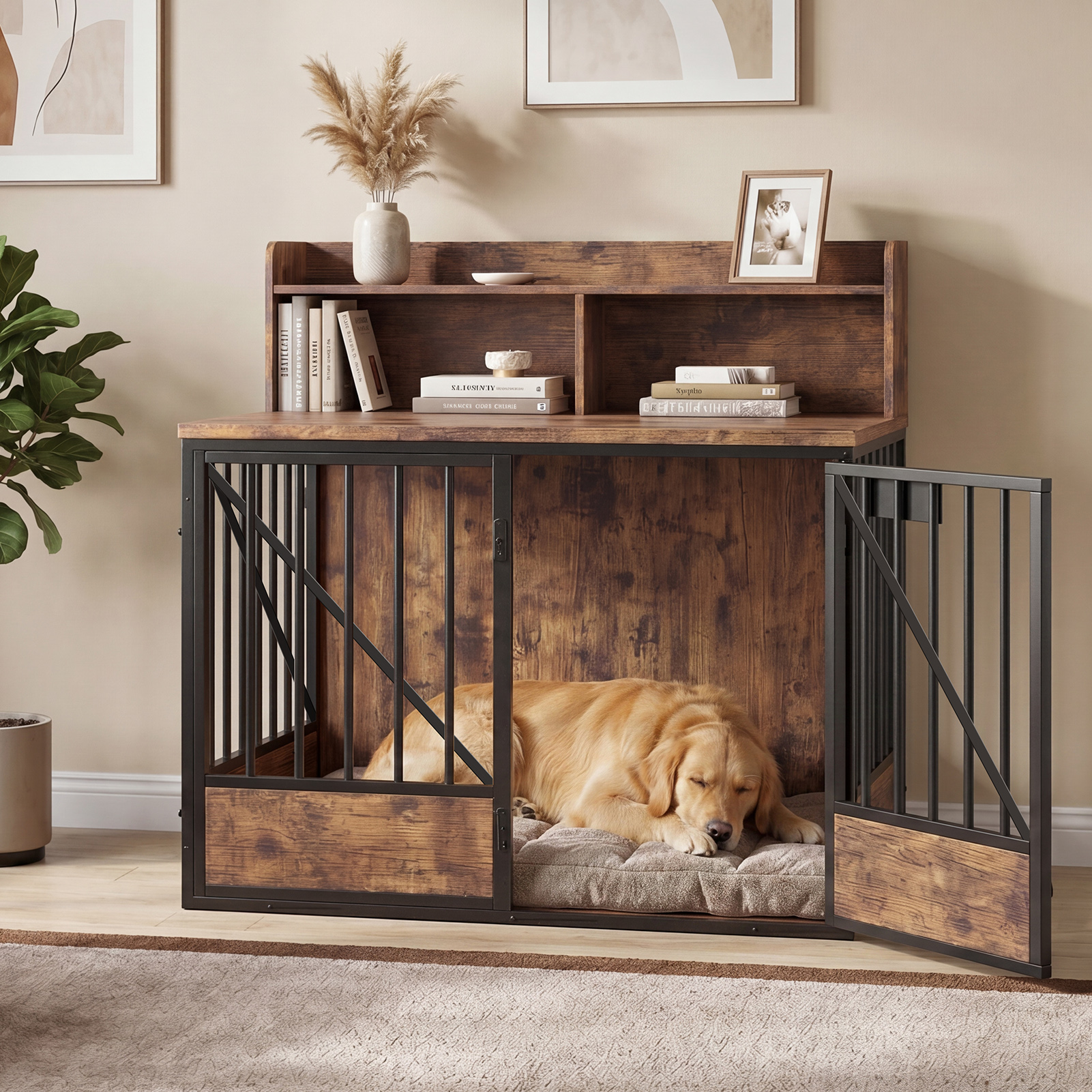 Dog Crate Large Capacity Multifunctional Spacious Top Pet Kennel With 2 Open Storage Compartment — image 5
