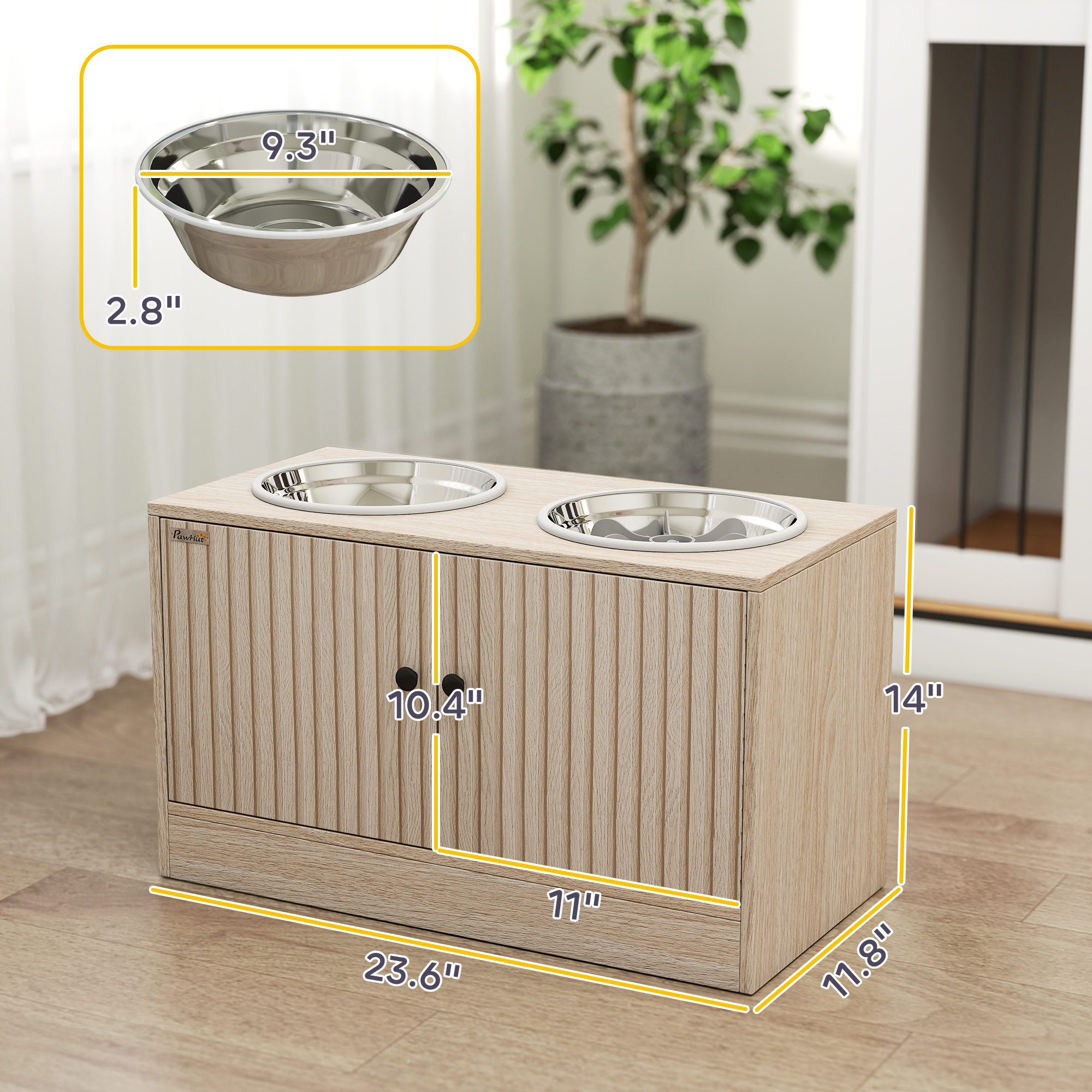 Comedor para Perros Elevado con Almacenamiento, 2 Tazas de Acero Inoxidable, Ralentizador de Comida, Estación de Alimentación para Perros Grandes, Roble — imagen 6