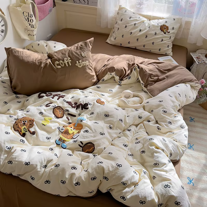 Cartoon Animal Embroidery Bedding Set For Adults Kids Cute Flat Fitted Sheet With Pillowcases Washed Cotton Colorful Full Size — image 2