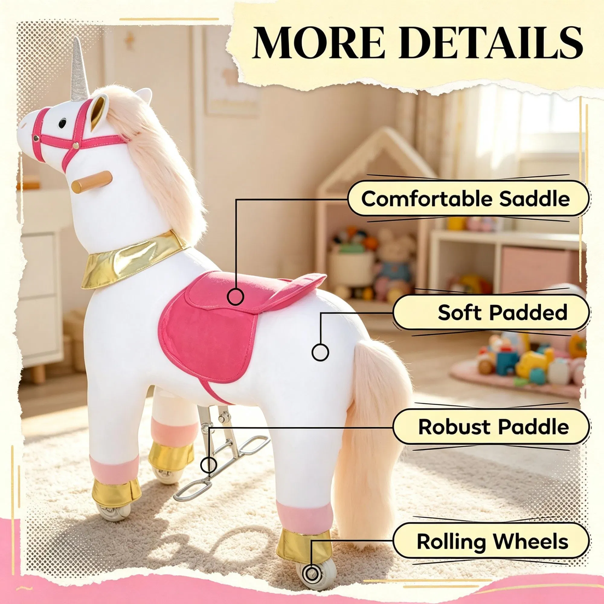 White 29.5" Plush Unicorn Ride-On Toy | Kids Rocking Horse with Wheels, No Battery 3-5 Years — image 4