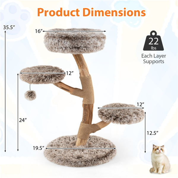 Árbol de Gato Multinivel en Madera de Perejil Natural, Postes de Rasguñado de Sisal, Pelotas Plumas y Tela Larga — imagen 6